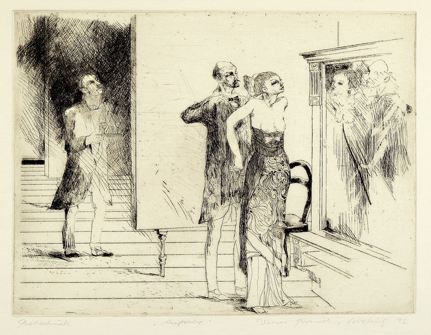 Werner Brand, 1933-2021, 2 Radierungen: Der Jubilar, betitelt, signiert und dat. 75, bez.: 2. Zustandsdruck, ca. 33.5x26cm, u.Gl., R. ca. 52x31cm; ...