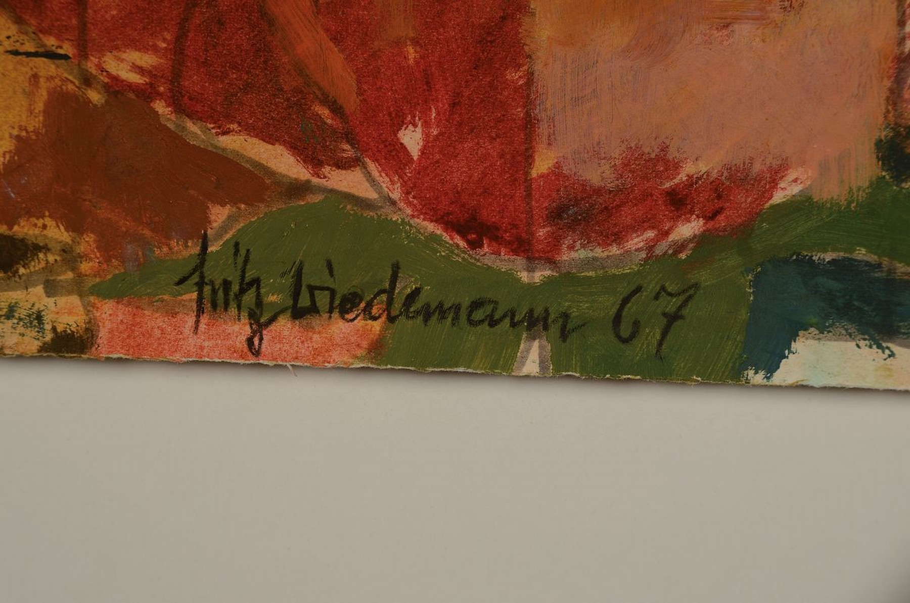 Detail a: Fritz Wiedemann, 1920-1987 Landau, Bacchuskopf und Mühlenrad, Gouache auf Papier, rechts unten signiert und dat. 67, ca. 47x 37cm, Rahmen ca. 70x51cm