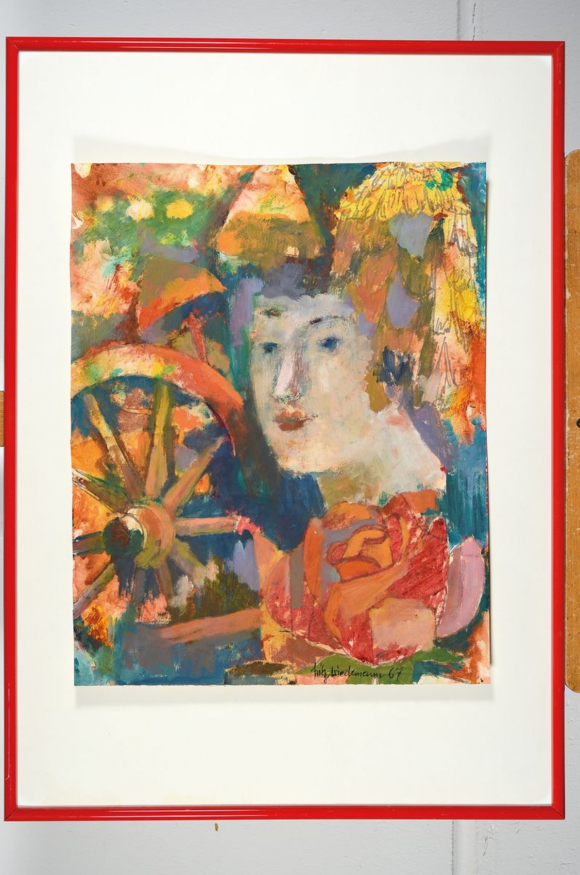 Detail k: Fritz Wiedemann, 1920-1987 Landau, Bacchuskopf und Mühlenrad, Gouache auf Papier, rechts unten signiert und dat. 67, ca. 47x 37cm, Rahmen ca. 70x51cm