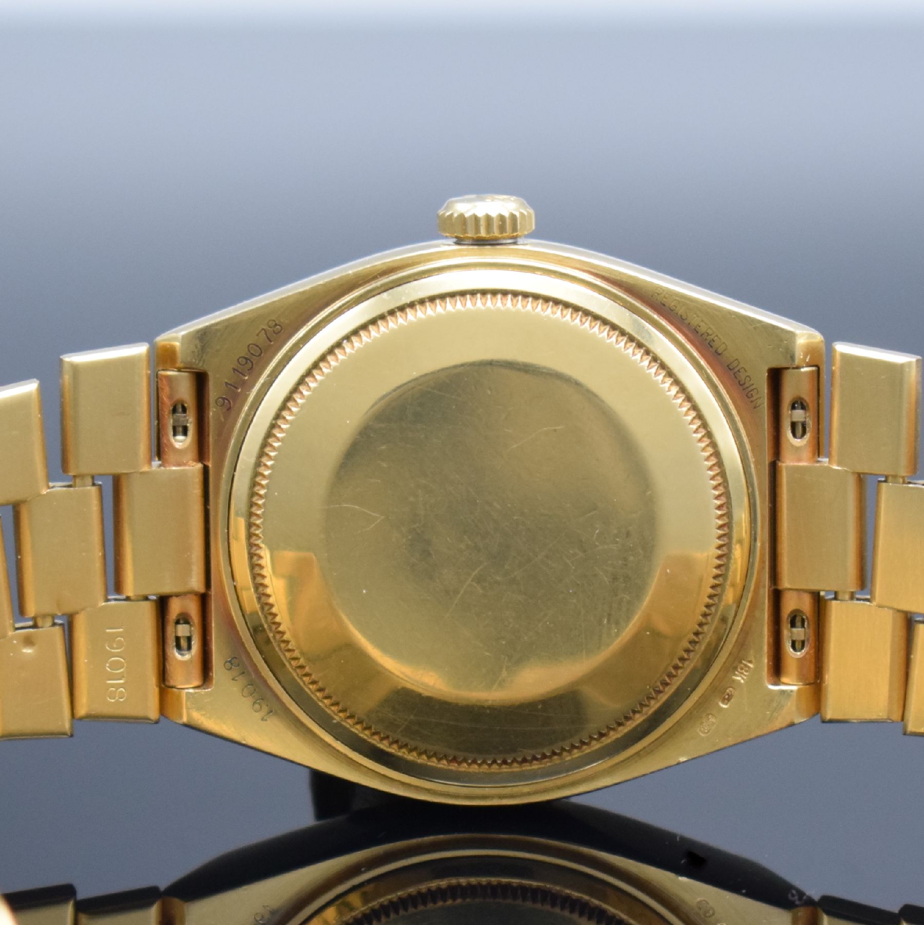 Detail g: ROLEX Oysterquartz Day Date in GG 750/000 mit seltenem Wurzelholz Zifferblatt, Box & LC 100 Papieren Referenz 19018, Schweiz lt. orig. Papier ...