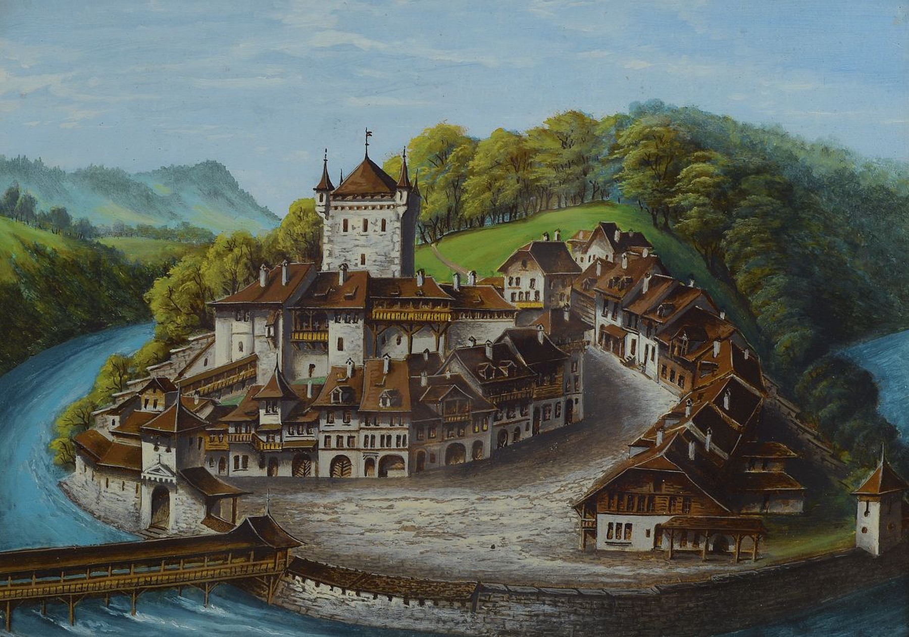 3 historische Darstellungen, 19.Jh., Gouache, Darstellung der Stadtburg Nydegg in Bern in ihrem mittelalterlichen Zustand des 13.Jh.; Gouache, ...