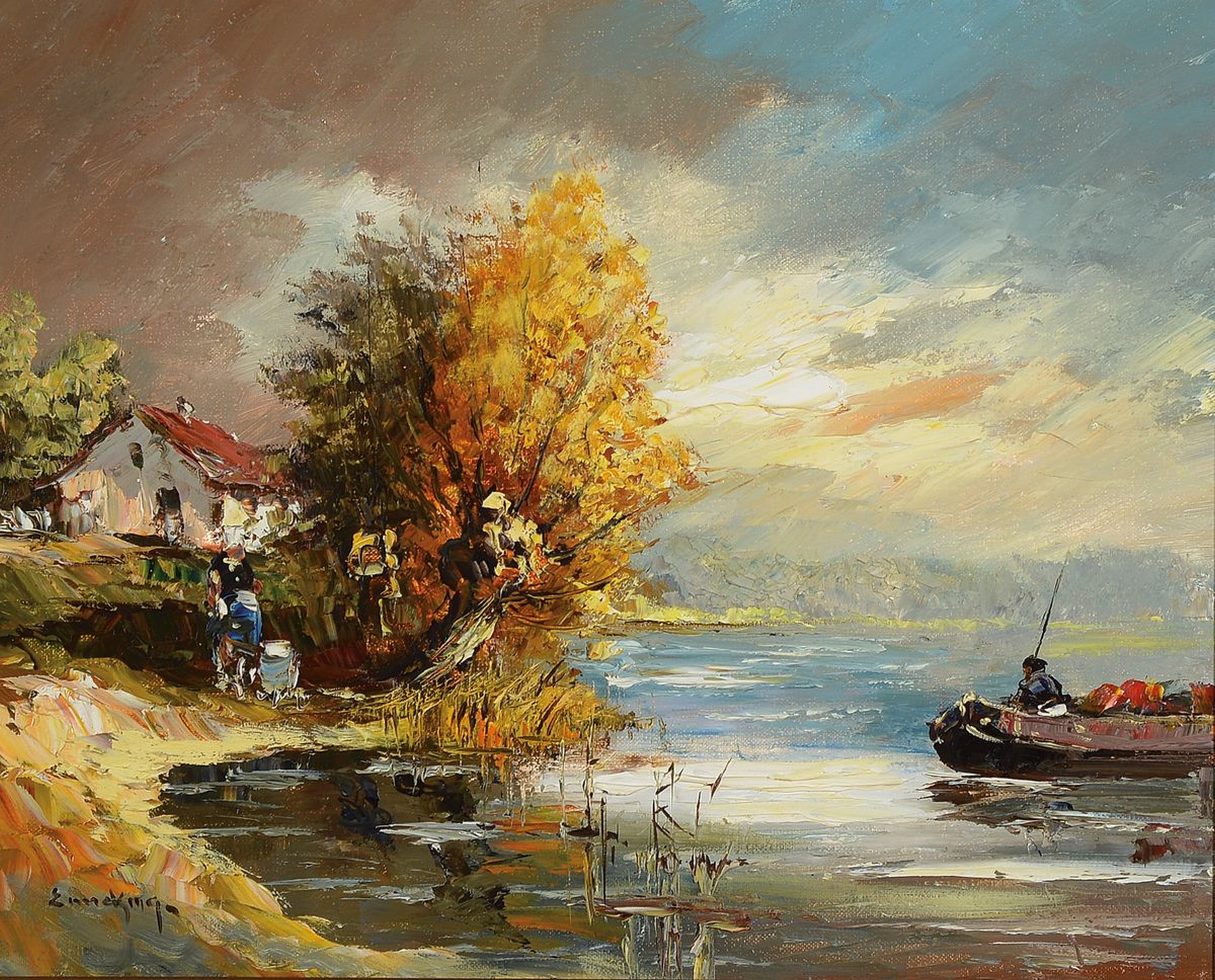 Wilhelm Enneking, geb. 1933 Arnheim, Küstenlandschaft mit Fischerboot und Bauernhaus, Öl/Lwd, pastoser expressiver Farbauftrag, links unten ...