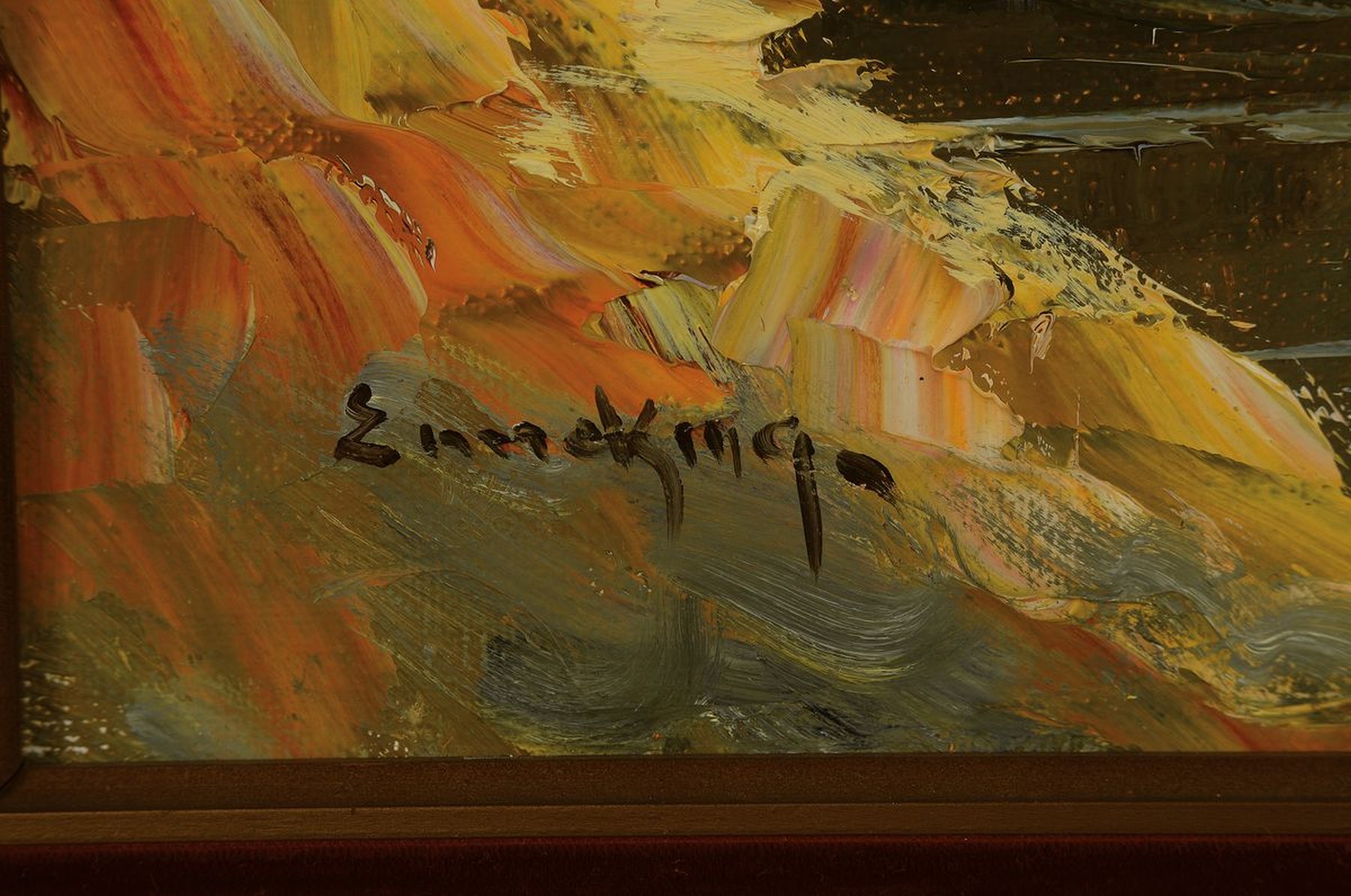 Detail a: Wilhelm Enneking, geb. 1933 Arnheim, Küstenlandschaft mit Fischerboot und Bauernhaus, Öl/Lwd, pastoser expressiver Farbauftrag, links unten ...