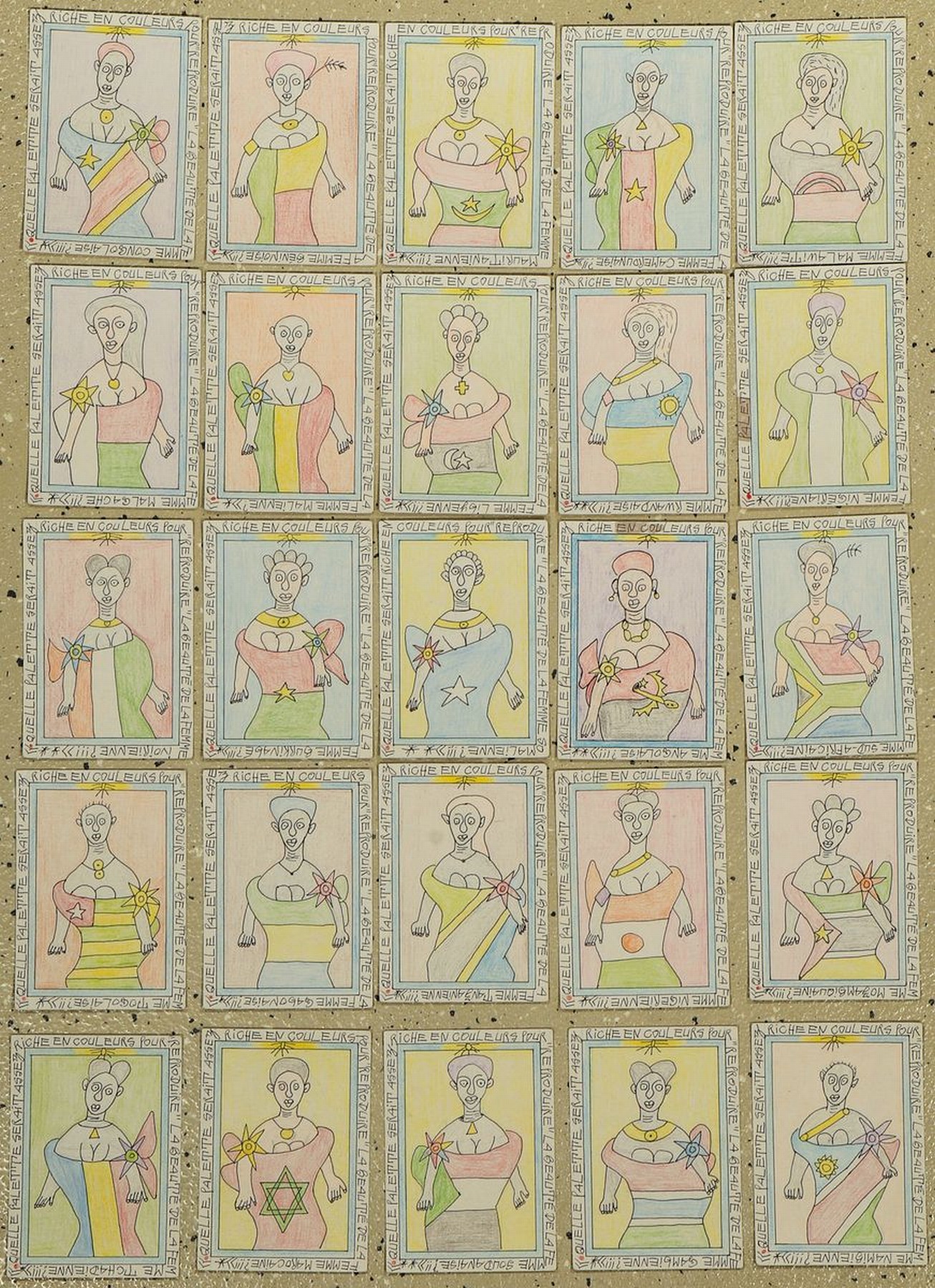 Frédéric Bruly Bouabré, 1923-2014, Dichter und Maler aus Abidjan/Elfenbeinküste, Ohne Titel, Werk aus 25 Einzelzeichnungen, Buntstift/Papier, auf ...