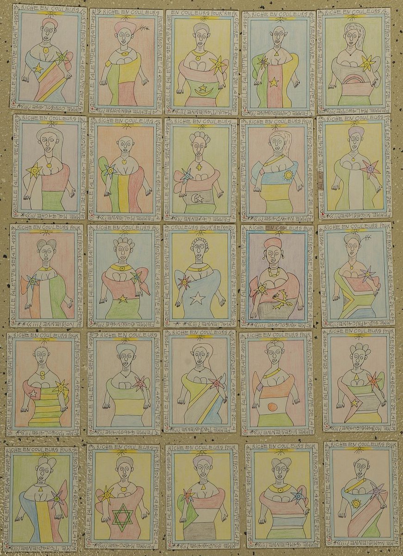 Detail k: Frédéric Bruly Bouabré, 1923-2014, Dichter und Maler aus Abidjan/Elfenbeinküste, Ohne Titel, Werk aus 25 Einzelzeichnungen, Buntstift/Papier, auf ...