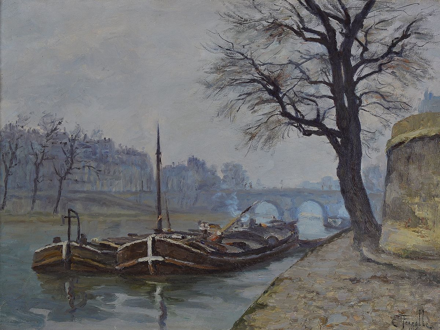 Ernest Maria Louis Pernelle, 1870 Paris - 1950 Embaradère, ankernde Lastschiffe wohl auf der Seine im Winter, Öl/Lwd, re. u. signiert und dat. ...