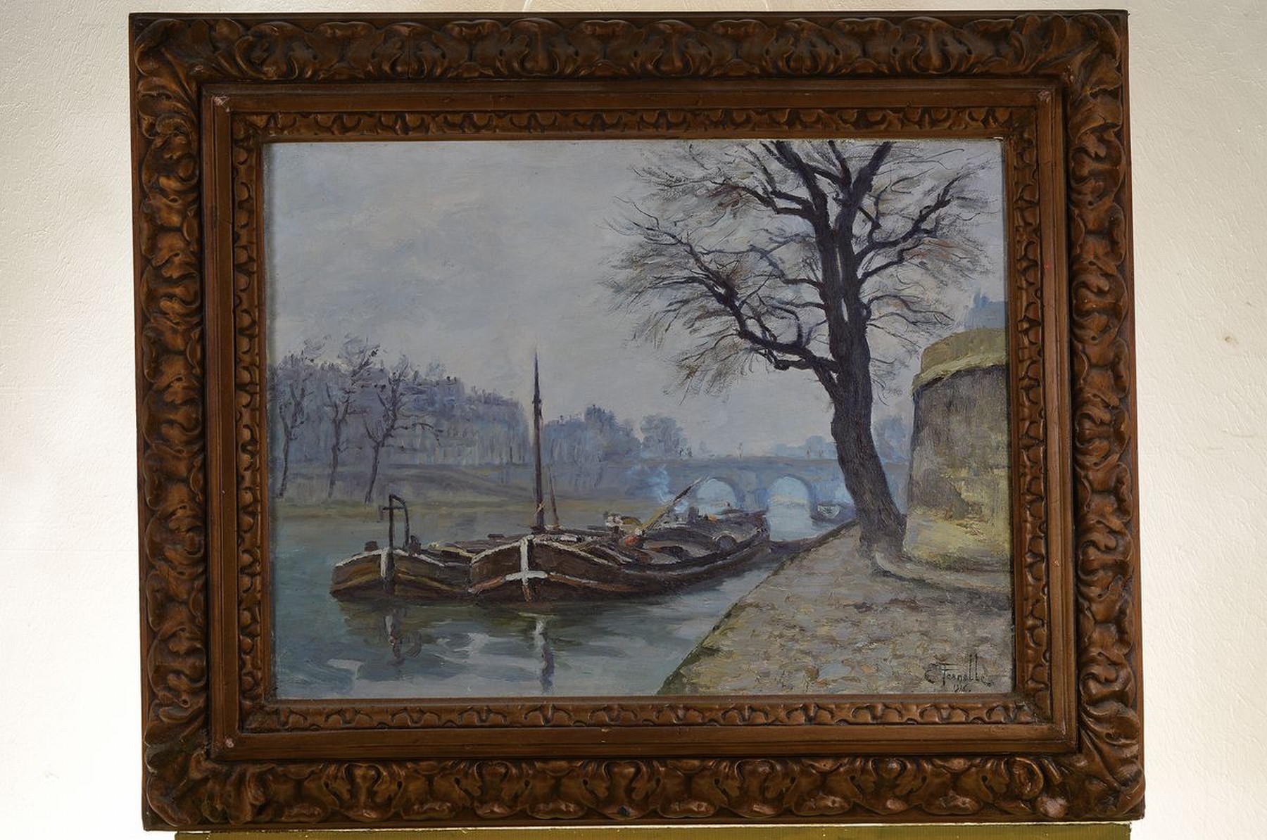 Detail k: Ernest Maria Louis Pernelle, 1870 Paris - 1950 Embaradère, ankernde Lastschiffe wohl auf der Seine im Winter, Öl/Lwd, re. u. signiert und dat. ...