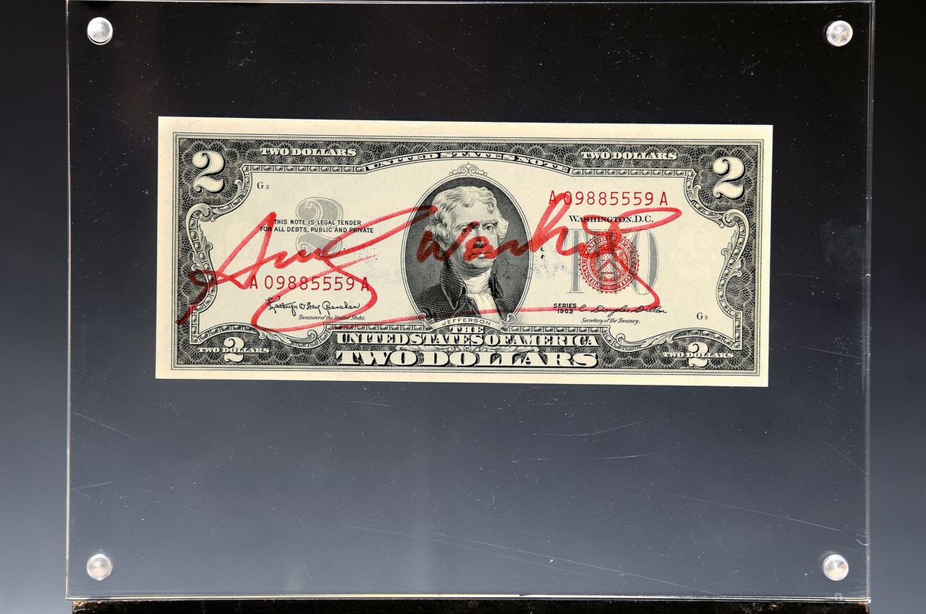 Andy Warhol, 1928-1987, "2 Dollars", dieser mit Magnet befestigt, signiert, ca. 6.5x15.5cm, gerahmt, Gesamtmaß ca. 15x20cm, mit ...
