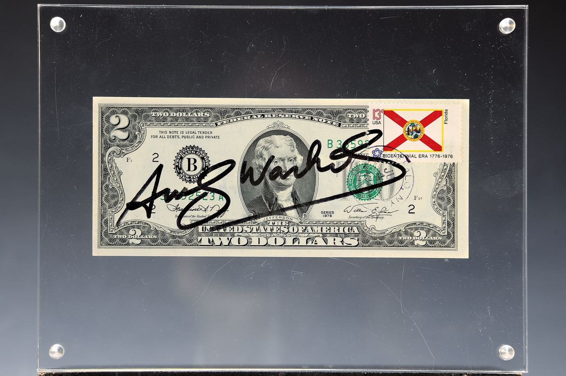 Andy Warhol, 1928-1987, "2 Dollars", dieser mit Magnet befestigt, signiert, ca. 6.5x15.5cm, gerahmt, Gesamtmaß ca. 15x20cm, mit ...