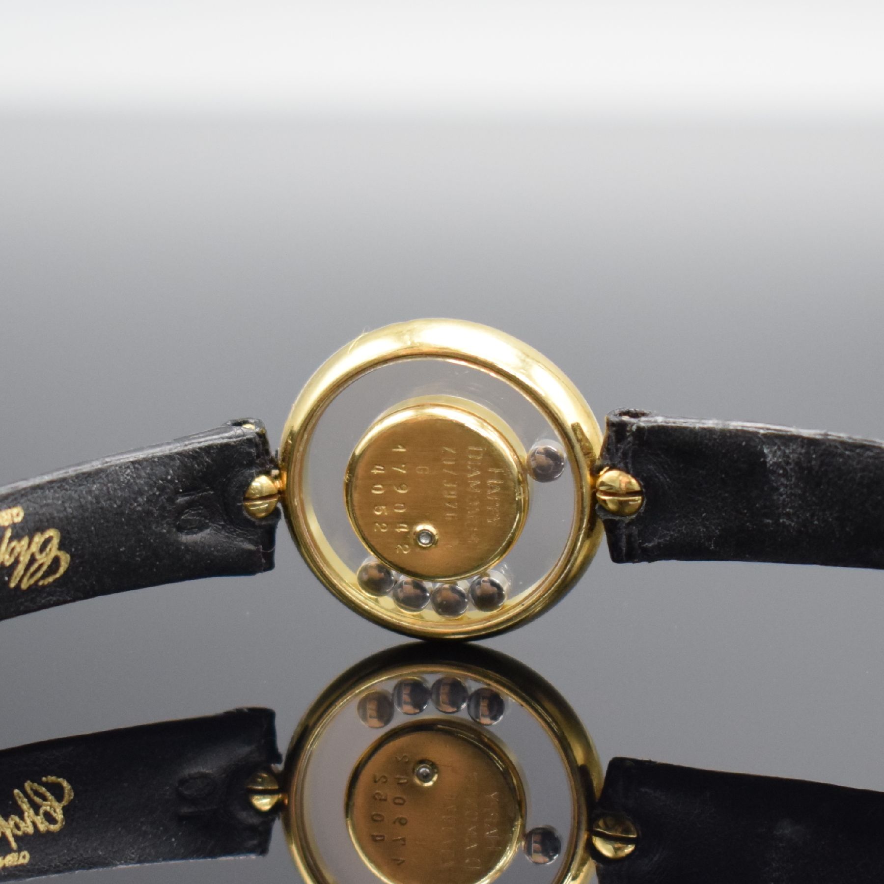 Detail e: CHOPARD Happy Diamonds Damenarmbanduhr in GG 750/000 mit Diamanten, Schweiz um 1995, quarz, Ref. 4052, beids. vergl. Geh. seitl. besch., Lünette & ...