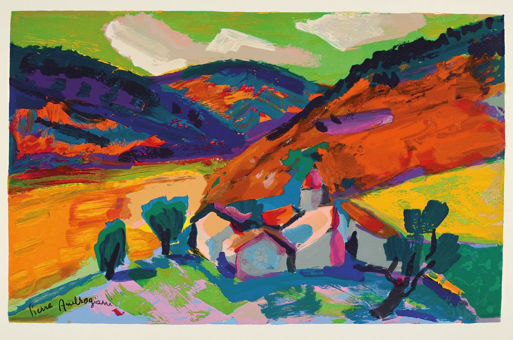 Detail l: Pierre Ambrogiani,1907-1985, Konvolut aus 2 Werken, " Vue provencale", "Les Faucheurs", , Farbholzstich, ca. 40x59 cm, 34x50 cm