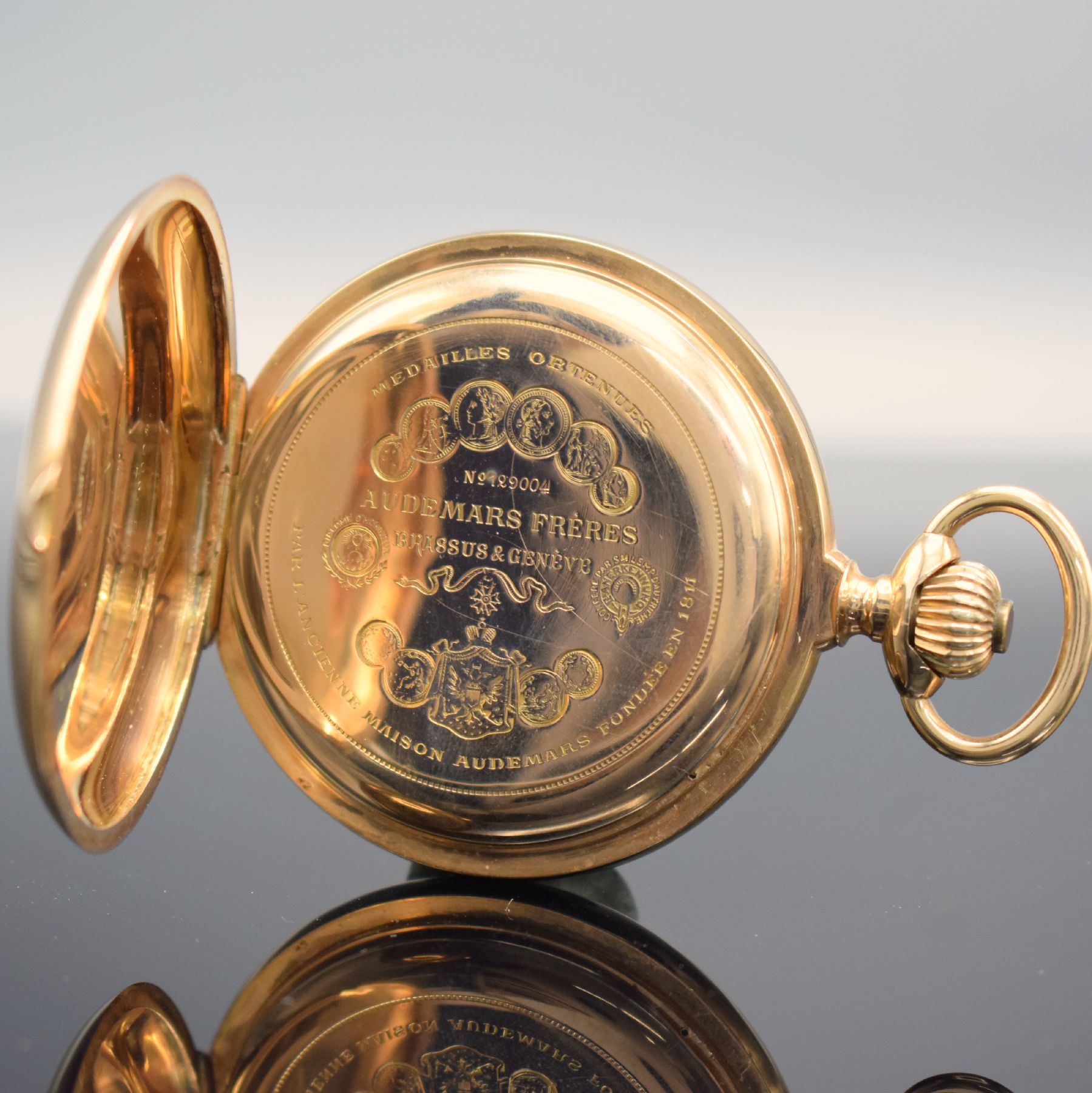 Detail e: AUDEMARS FRERES schwere Savonette mit Chronometerhemmung in RoseG 585/000, Schweiz um 1900, glattes 3-Deckel Goldgeh. dell., Cuvette m. ...