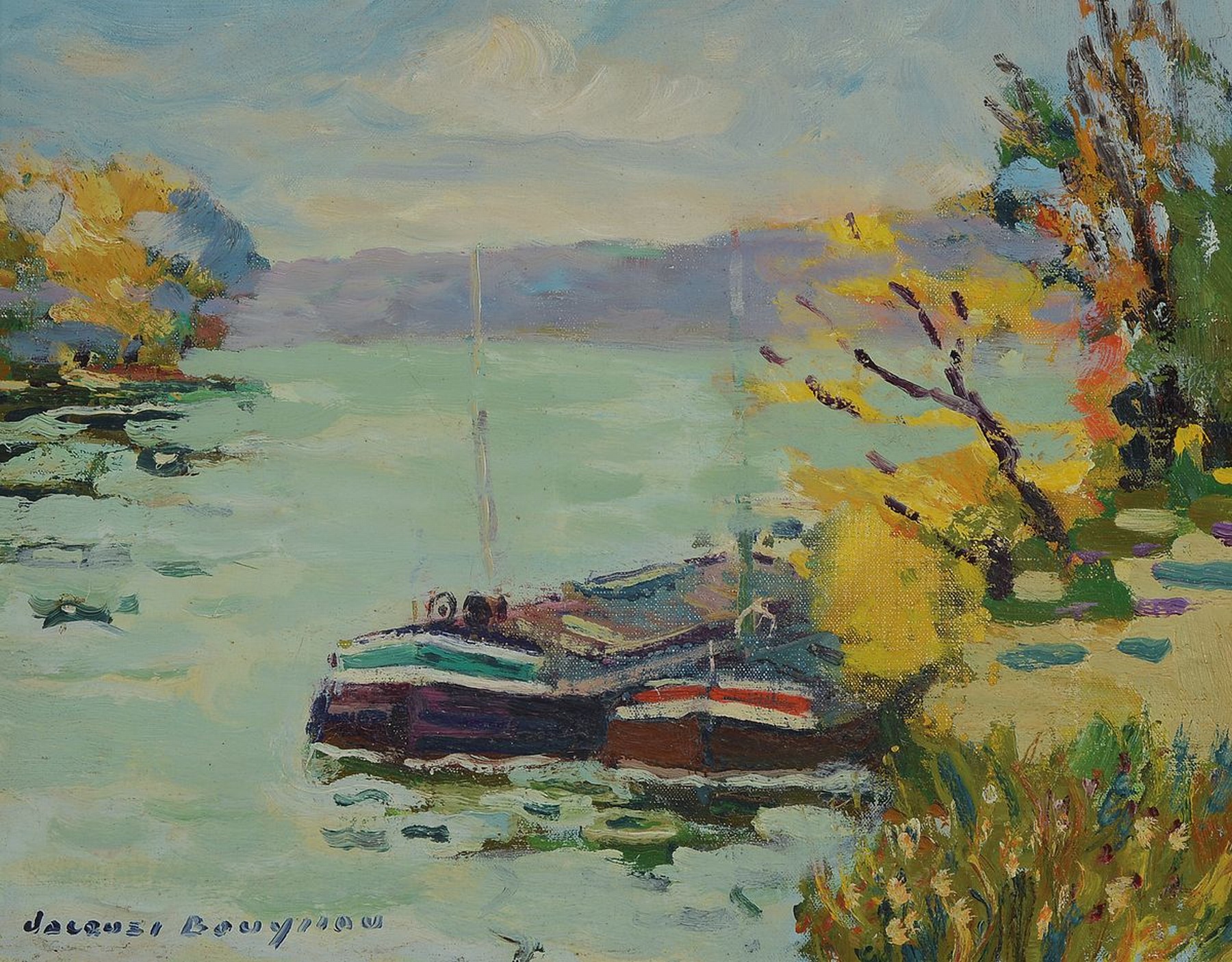 Jacques Bouyssou, 1926-1997, 2 Gemälde: Lastkähne am Ufer, Öl/Lwd, links unten signiert, ca. 27x35cm, R. ca. 35x43cm; Le Vase de Fleurs, Öl/Lwd, ...