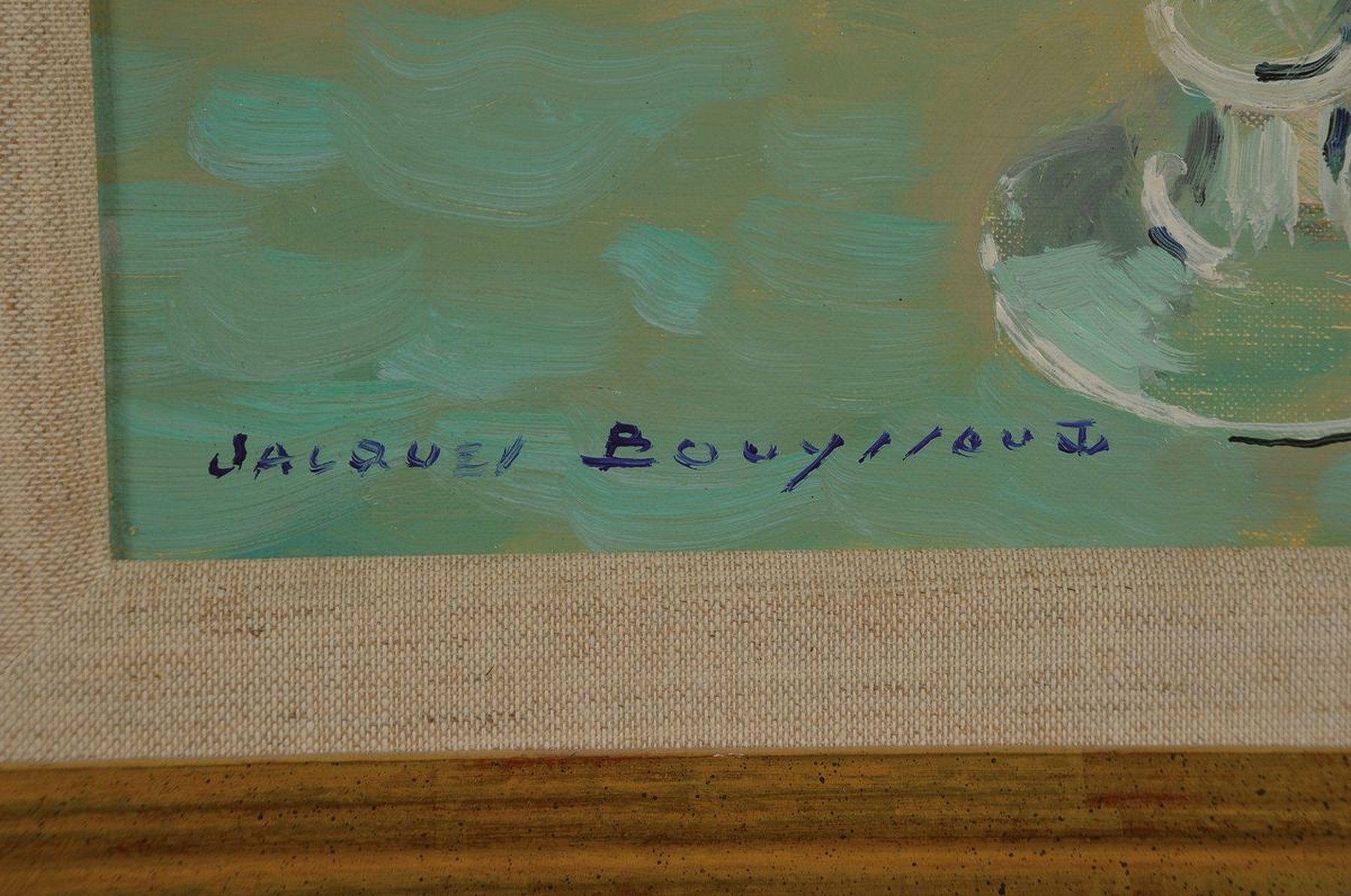 Detail b: Jacques Bouyssou, 1926-1997, 2 Gemälde: Lastkähne am Ufer, Öl/Lwd, links unten signiert, ca. 27x35cm, R. ca. 35x43cm; Le Vase de Fleurs, Öl/Lwd, ...