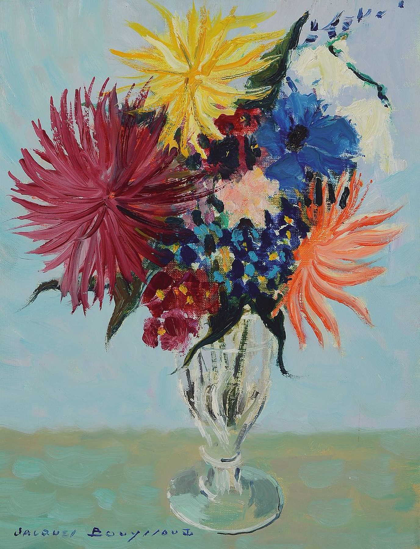 Detail c: Jacques Bouyssou, 1926-1997, 2 Gemälde: Lastkähne am Ufer, Öl/Lwd, links unten signiert, ca. 27x35cm, R. ca. 35x43cm; Le Vase de Fleurs, Öl/Lwd, ...