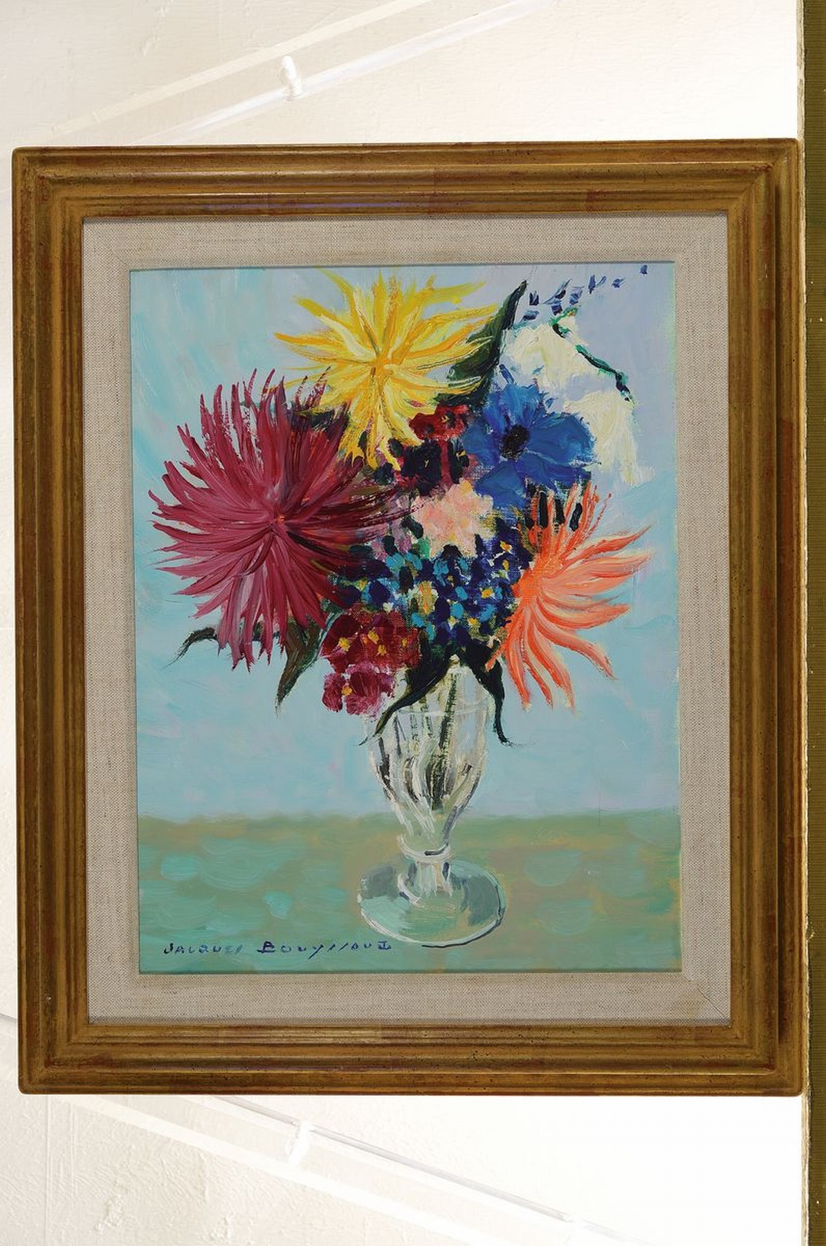 Detail n: Jacques Bouyssou, 1926-1997, 2 Gemälde: Lastkähne am Ufer, Öl/Lwd, links unten signiert, ca. 27x35cm, R. ca. 35x43cm; Le Vase de Fleurs, Öl/Lwd, ...