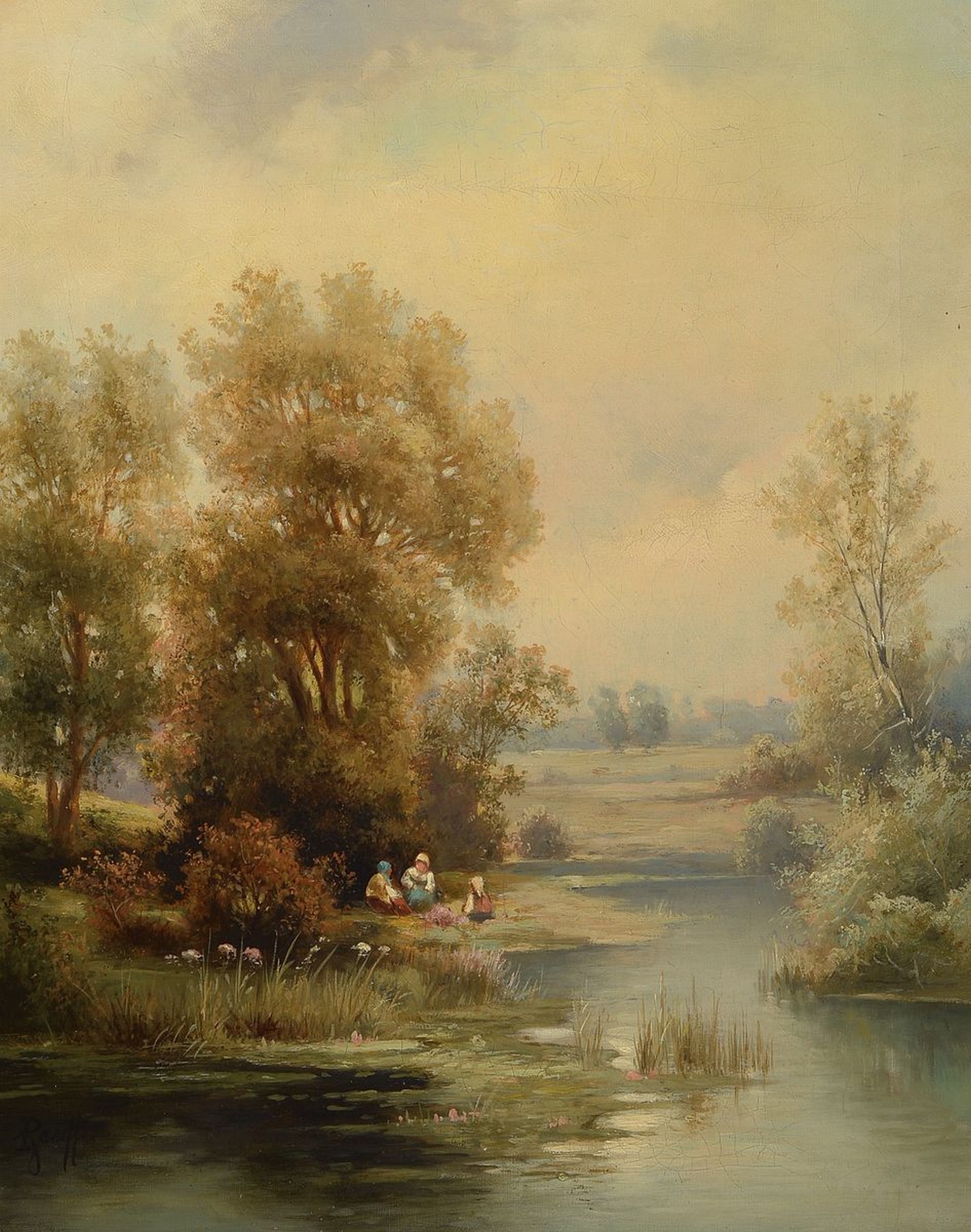 Rasetti o.ä., Maler der 2. Hälfte des 19. Jh., Kinder am Ufer eines baumbestandenen Bachlaufes, Öl/Lwd, links unten signiert, ca. 53x41cm, R. ca. ...