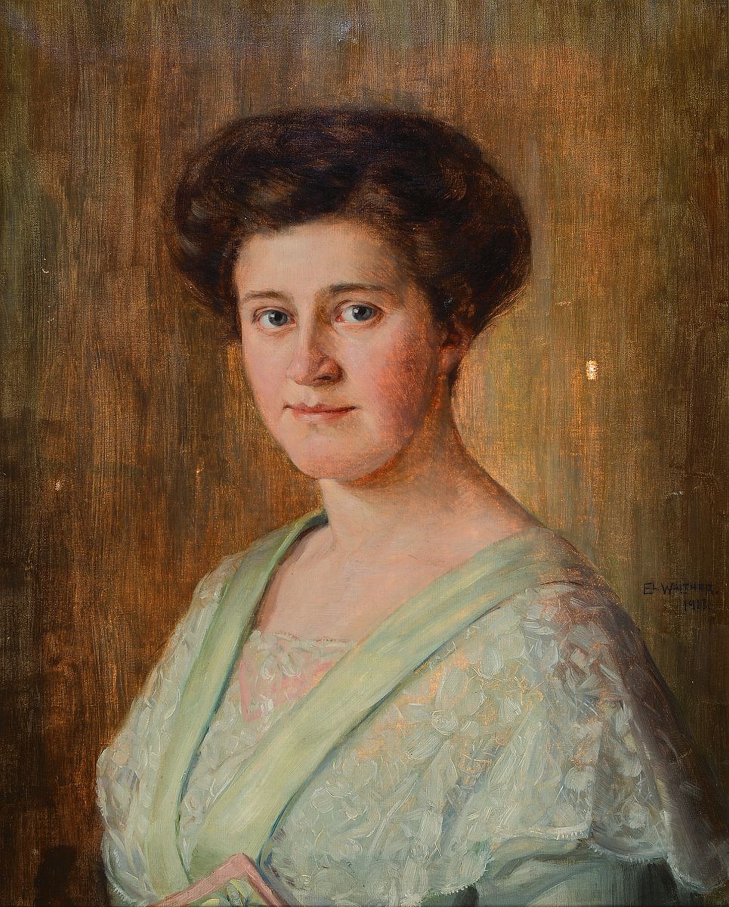 Zuschreibung: Emmy Walther, 1860 Hamburg-1936 Dachau, Porträt einer Frau im hellgrünen Kleid, Öl/Lwd, kleiner Lwd-Schaden, seitlich rechts sign. ...