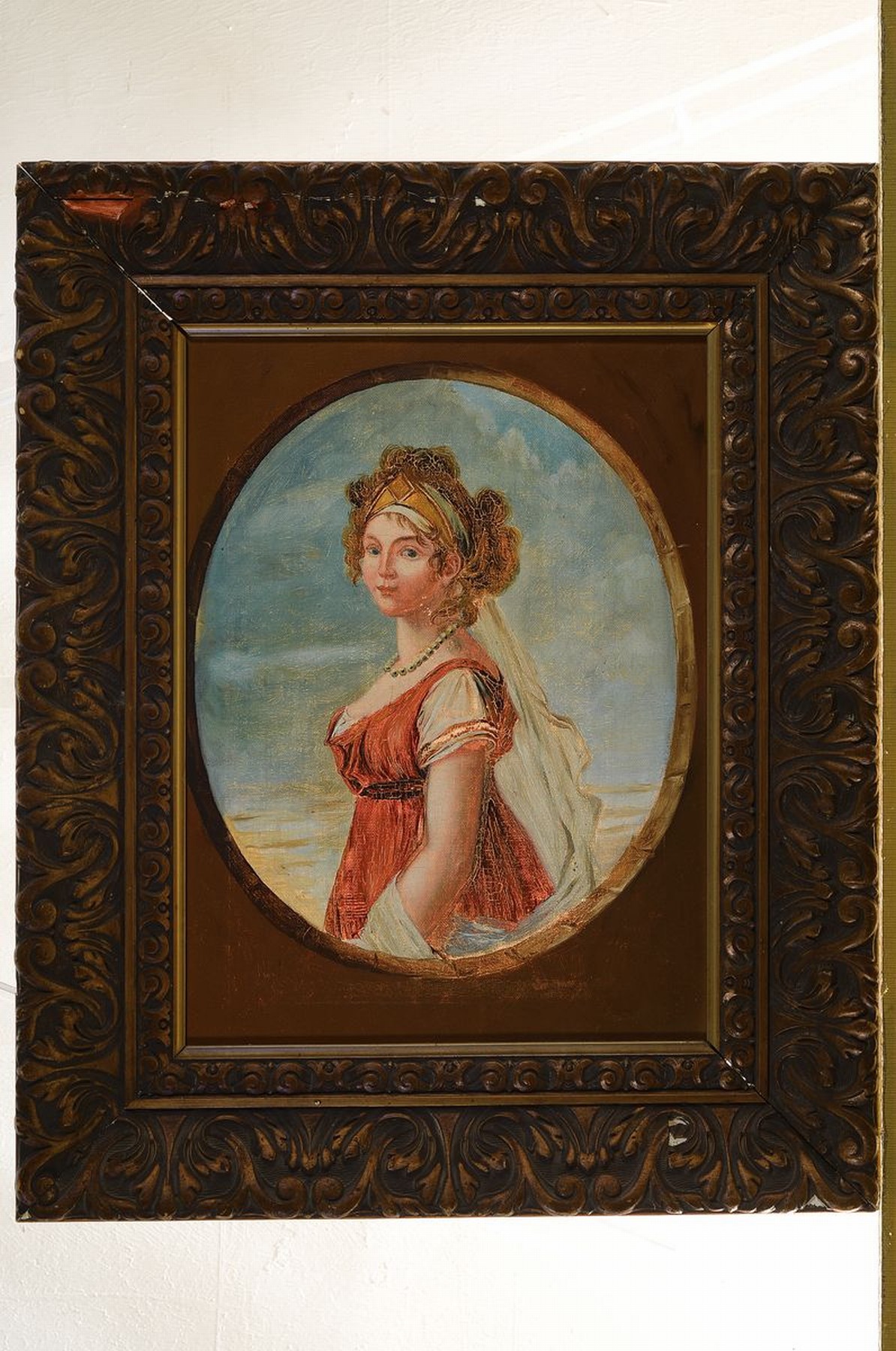 Detail k: Unbekannter Künstler, um 1900, Porträt einer Frau im Biedermeiergewand, Öl/Lwd, unsign., ca. 40x30cm, R. ca. 56x46cm