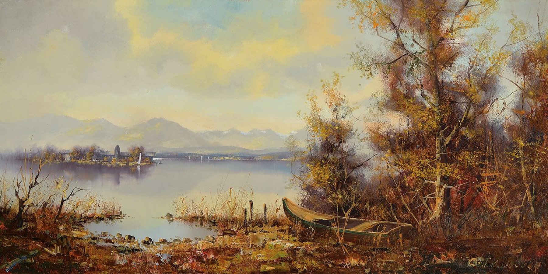 Friedrich Karl Thauer, 1924-2009, Studium in München bei Prof. Metz und Hagenmüller, später Studium bei Kokoschka, hier: Chiemsee mit Fraueninsel, ...