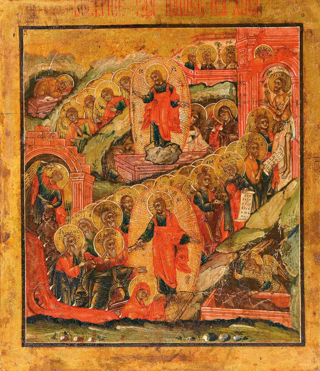 Ikone, Russland, 1. Hälfte 19. Jh., Auferstehung Christi, Simultandarstellung der verschiedenen Stationen: Erscheinung Christi, leeres Grab/Marien ...