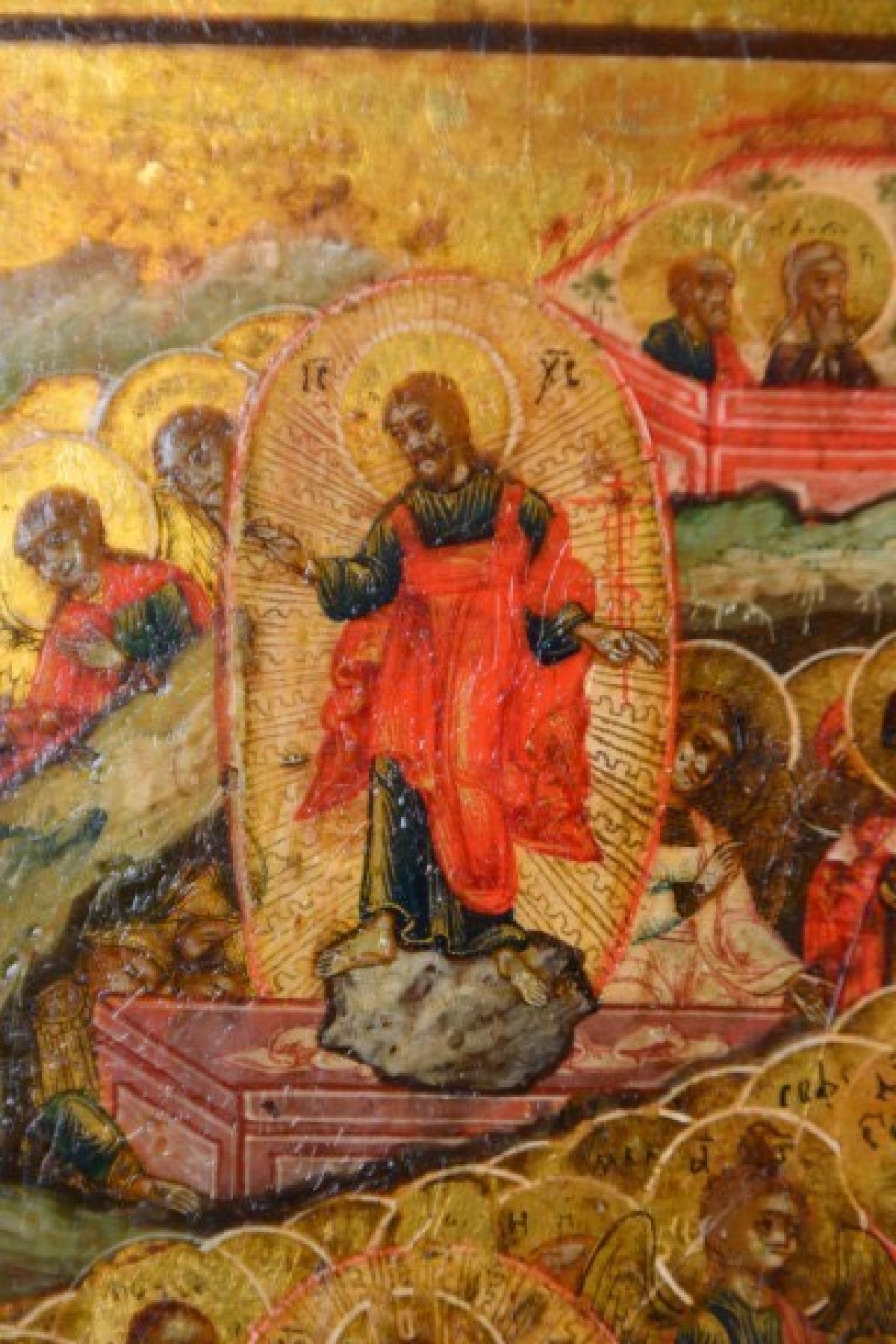 Detail b: Ikone, Russland, 1. Hälfte 19. Jh., Auferstehung Christi, Simultandarstellung der verschiedenen Stationen: Erscheinung Christi, leeres Grab/Marien ...