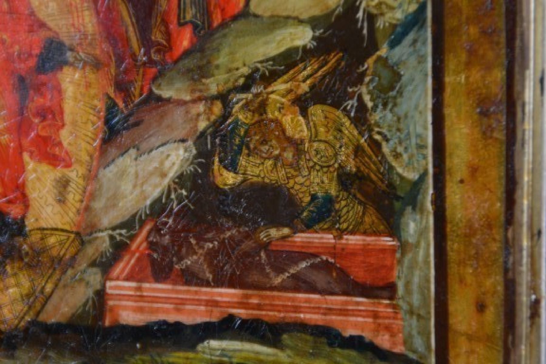 Detail d: Ikone, Russland, 1. Hälfte 19. Jh., Auferstehung Christi, Simultandarstellung der verschiedenen Stationen: Erscheinung Christi, leeres Grab/Marien ...