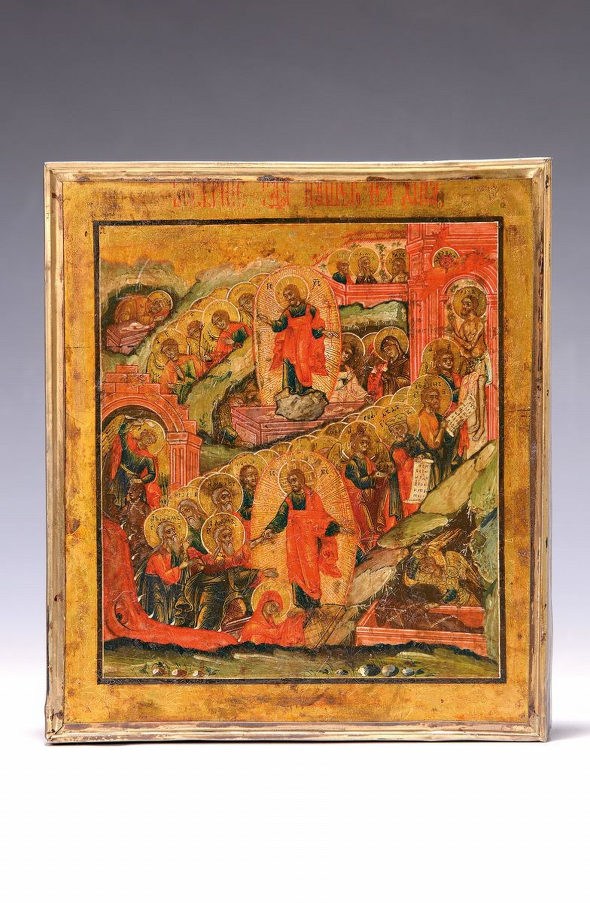 Detail k: Ikone, Russland, 1. Hälfte 19. Jh., Auferstehung Christi, Simultandarstellung der verschiedenen Stationen: Erscheinung Christi, leeres Grab/Marien ...