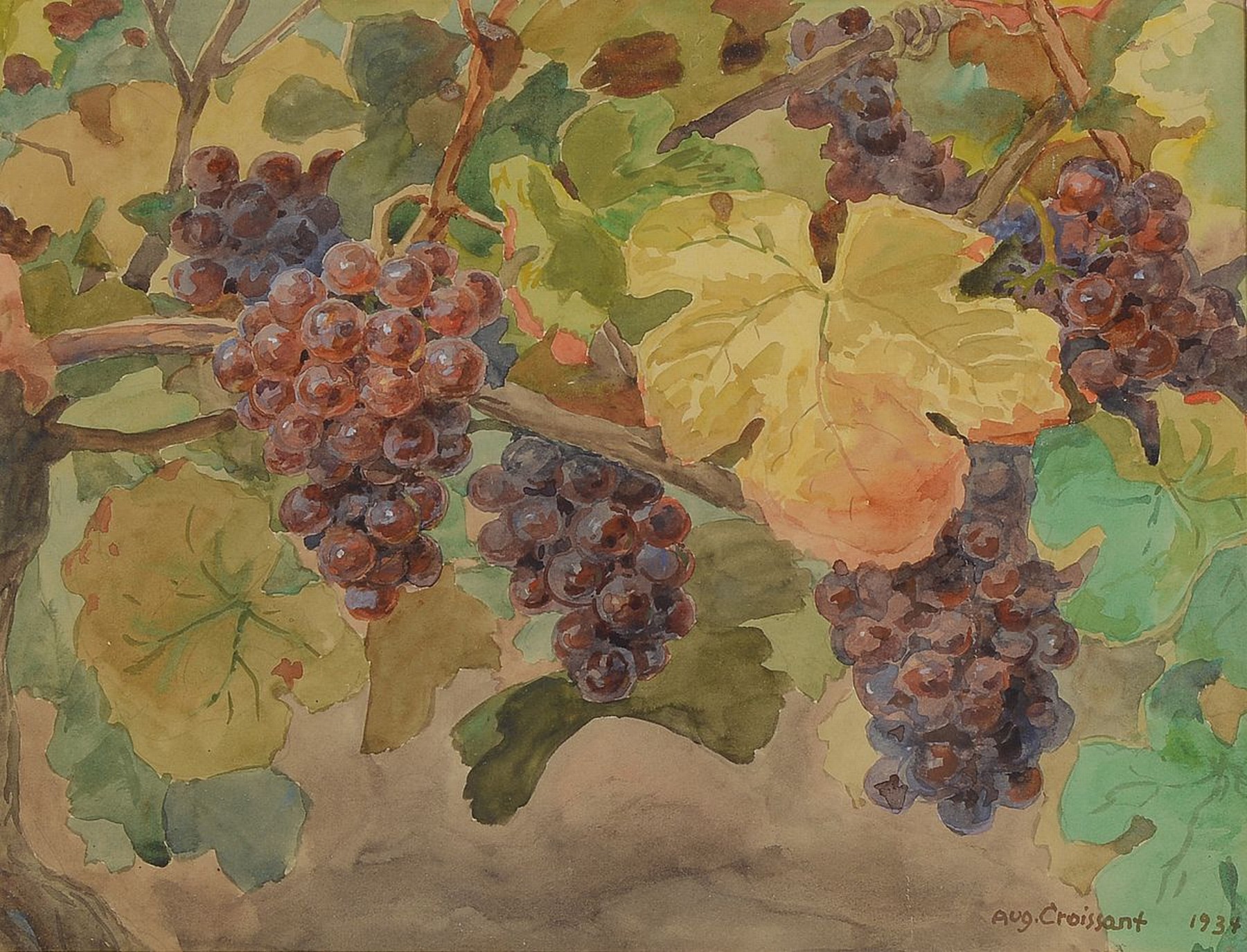 August Croissant, 1870 Edenkoben - 1941 Landau, frühherbstliche Weinreben in voller Traubestehend, Aquarell, rechts unten signiert u. dat. 1934, ...
