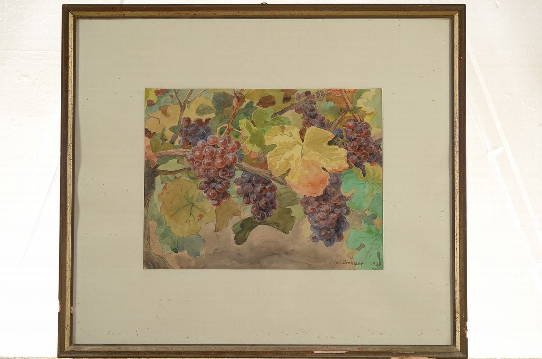 Detail k: August Croissant, 1870 Edenkoben - 1941 Landau, frühherbstliche Weinreben in voller Traubestehend, Aquarell, rechts unten signiert u. dat. 1934, ...