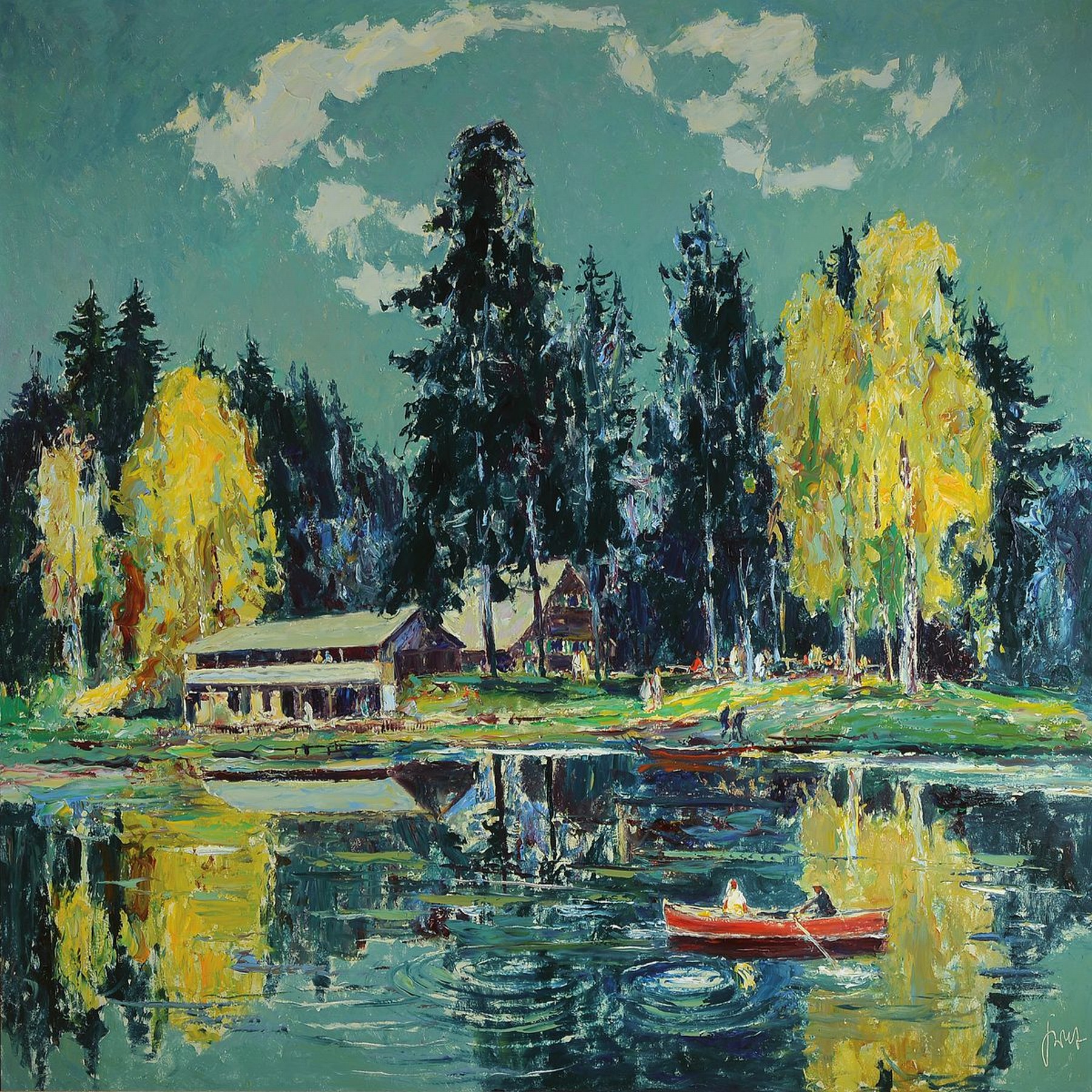 Karl Graf, 1902-1986 Speyer, Landschaft mit Biergarten am Wasser, Öl/Hartfaser, signiert, ca. 100x100cm, R.
