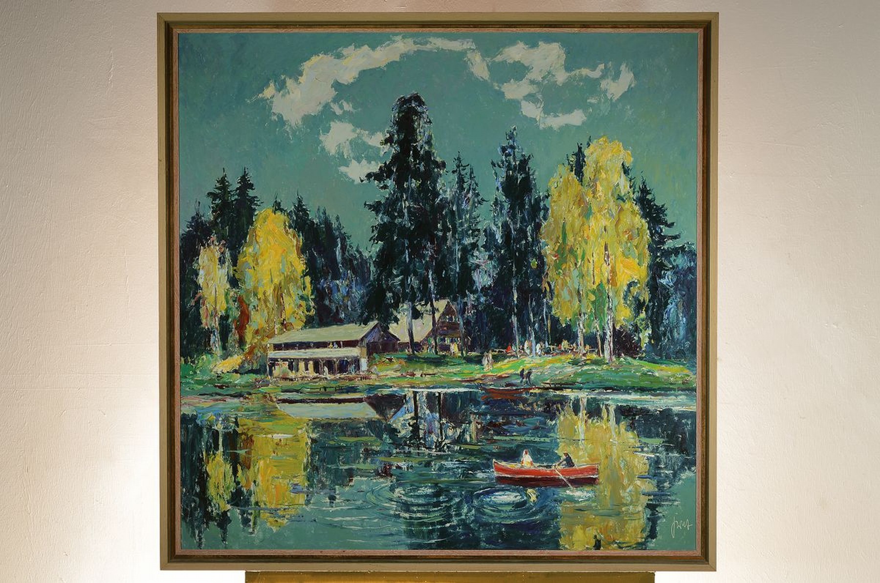 Detail k: Karl Graf, 1902-1986 Speyer, Landschaft mit Biergarten am Wasser, Öl/Hartfaser, signiert, ca. 100x100cm, R.