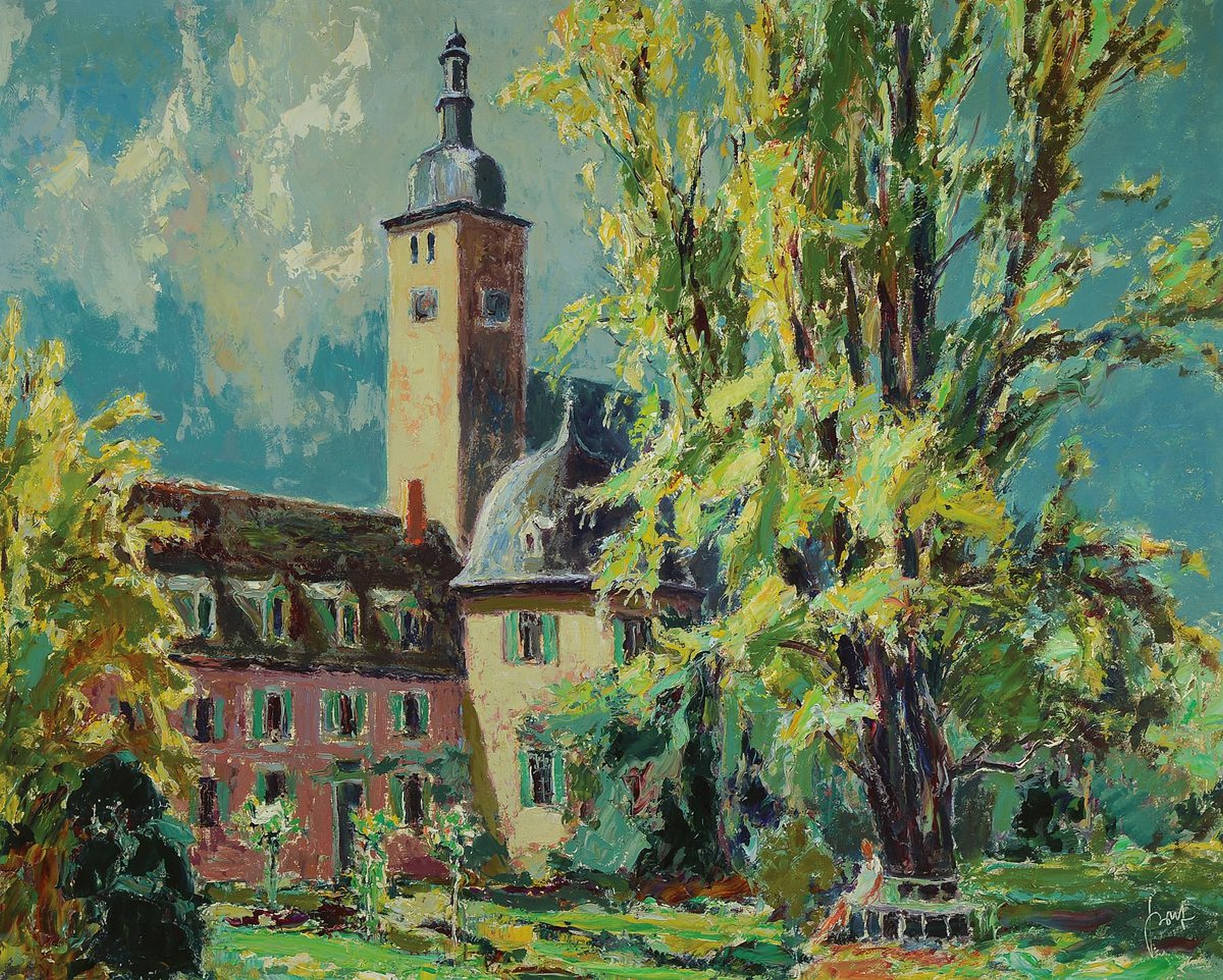 Karl Graf, 1902-1986 Speyer, Frau auf einer Parkbank unter einem Baum, im Hintergrund ein Gebäude, Öl/Hartfaser, rechts unten signiert, ca. ...