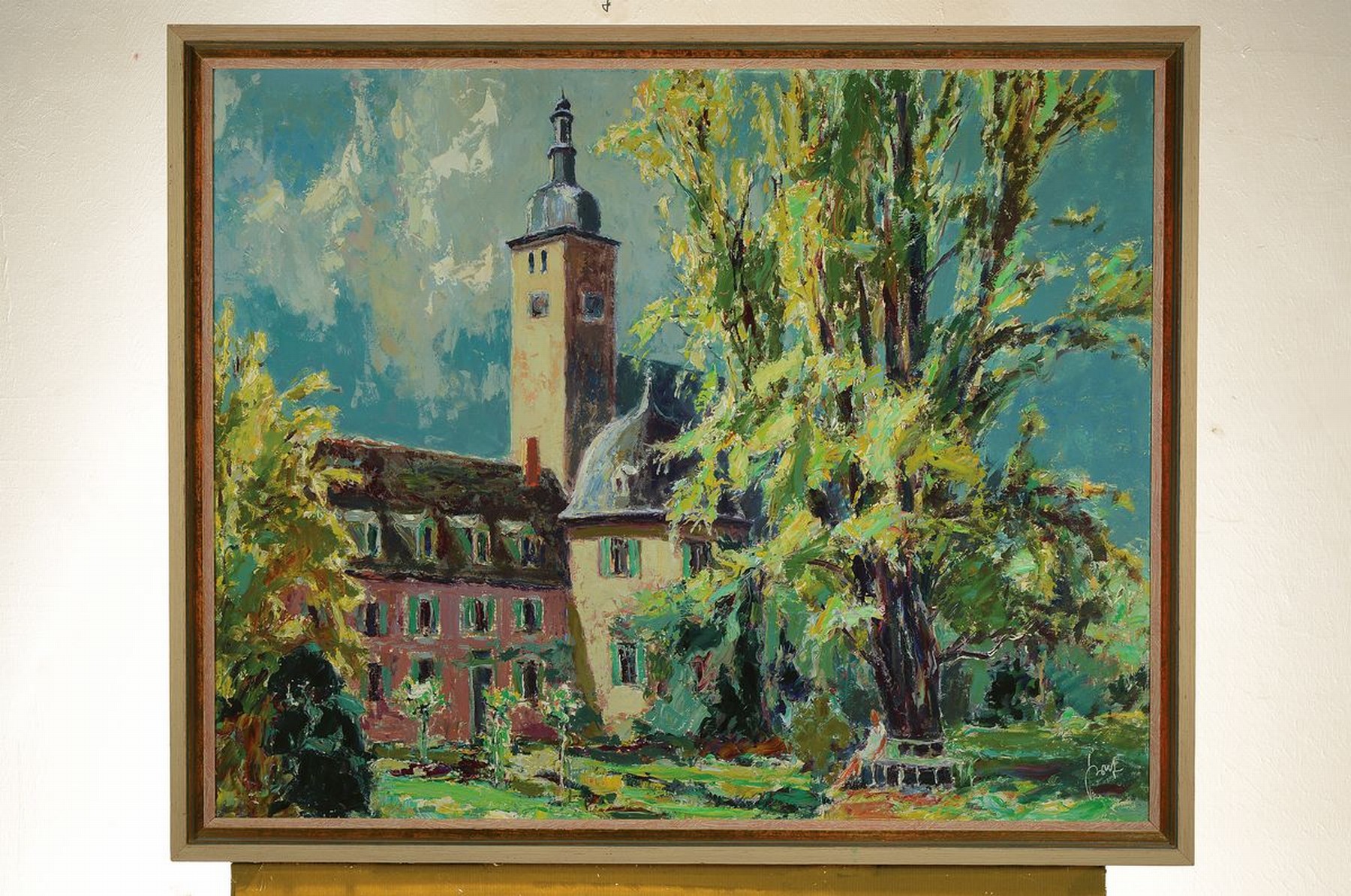 Detail k: Karl Graf, 1902-1986 Speyer, Frau auf einer Parkbank unter einem Baum, im Hintergrund ein Gebäude, Öl/Hartfaser, rechts unten signiert, ca. ...