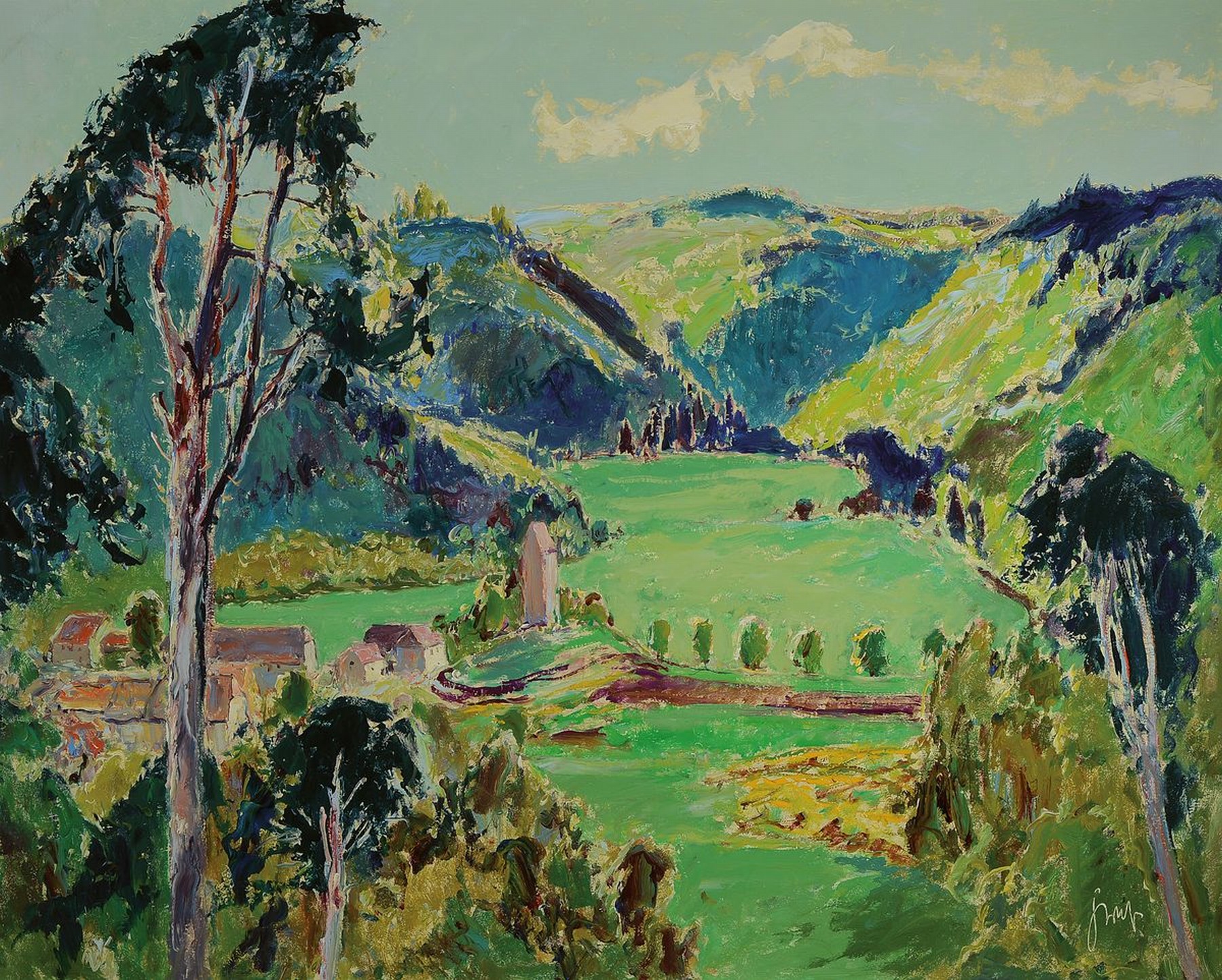 Karl Graf, 1902-1986 Speyer, Blick auf den Aschbacher Hof nahe Kaiserslautern, Öl/ Hartfaser, rechts unten signiert, ca. 68x85cm