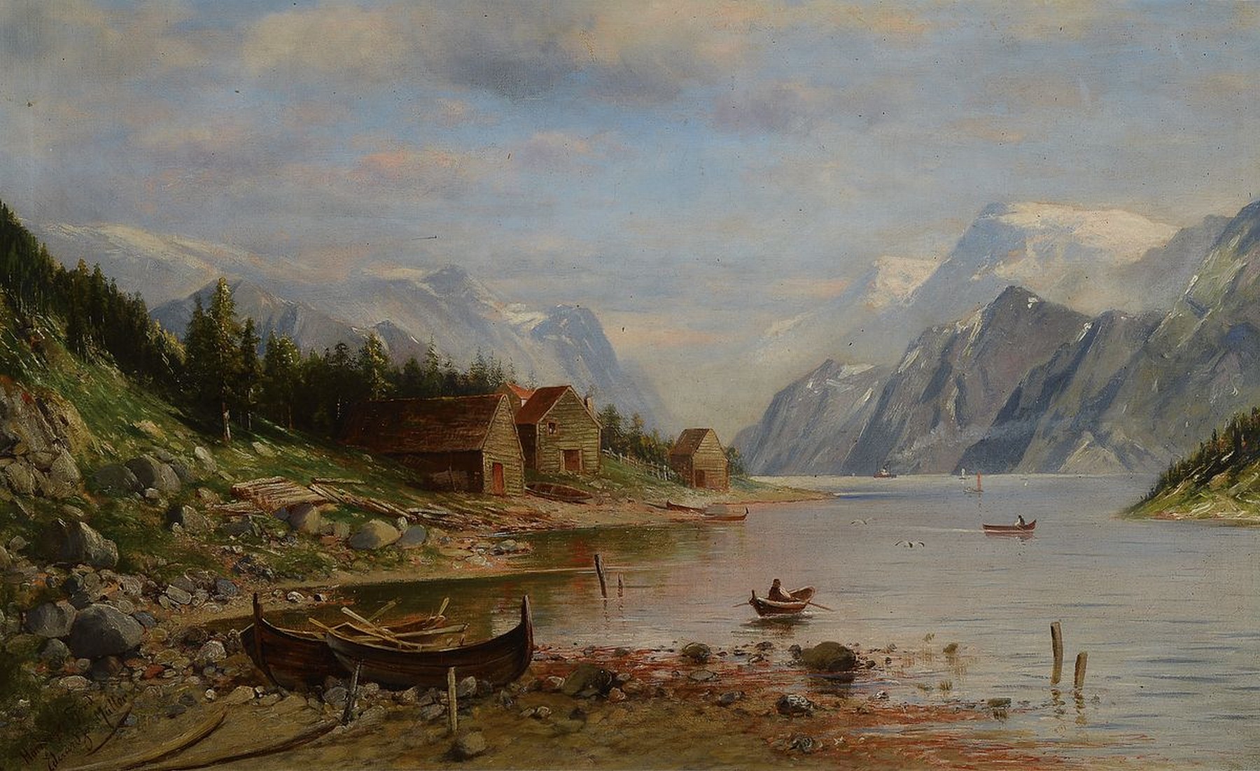 Eduard Josef Müller, 1851 Ellenhausen-1922, Studium an der Akademie Düsseldorf, hier: der Harlanger Fjord, Landschaftsgemälde mit großer ...