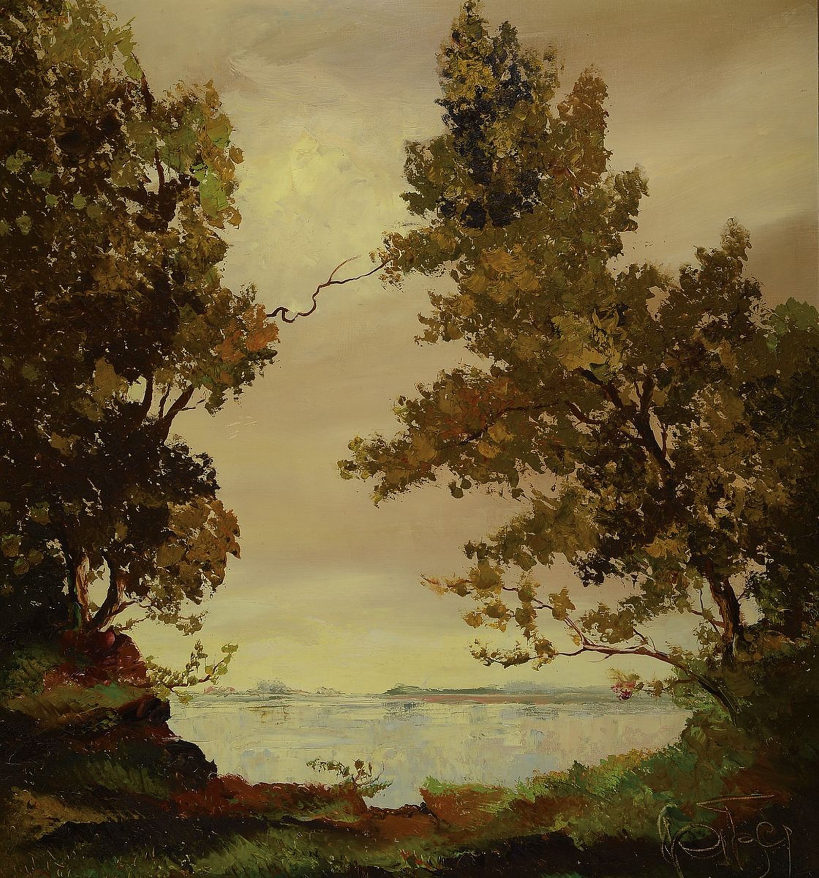 Karl Philipp Spitzer, 1887-1954 Speyer, Bäume am Rhein, Öl/Hartfaser, rechts unten signiert, ca. 87x80cm, R. ca. 102x96cm