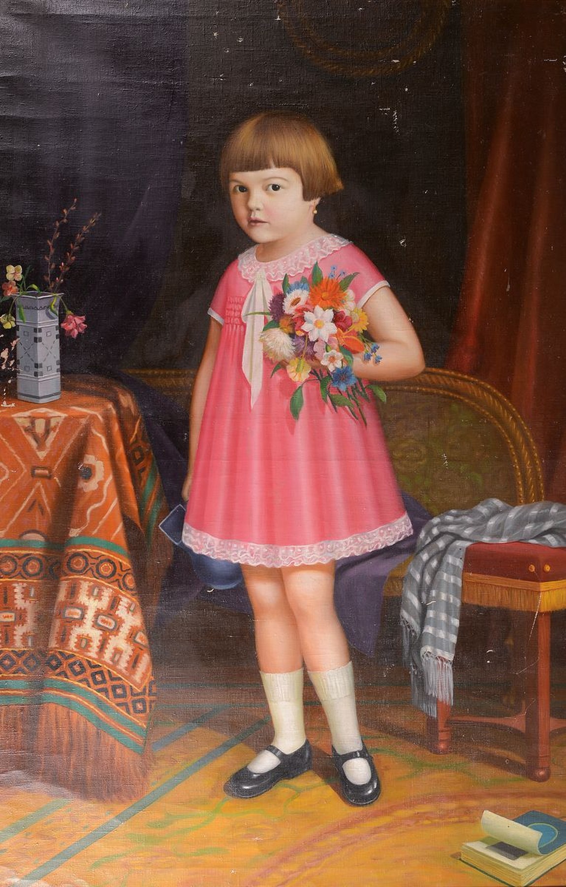 L.A. Mikulic, Porträtist des frühen 20.Jh., ganzfiguriges Mädchenporträt, bürgerlicher Kontext, links unten signiert u. datiert 1926, Öl/Lwd, ...