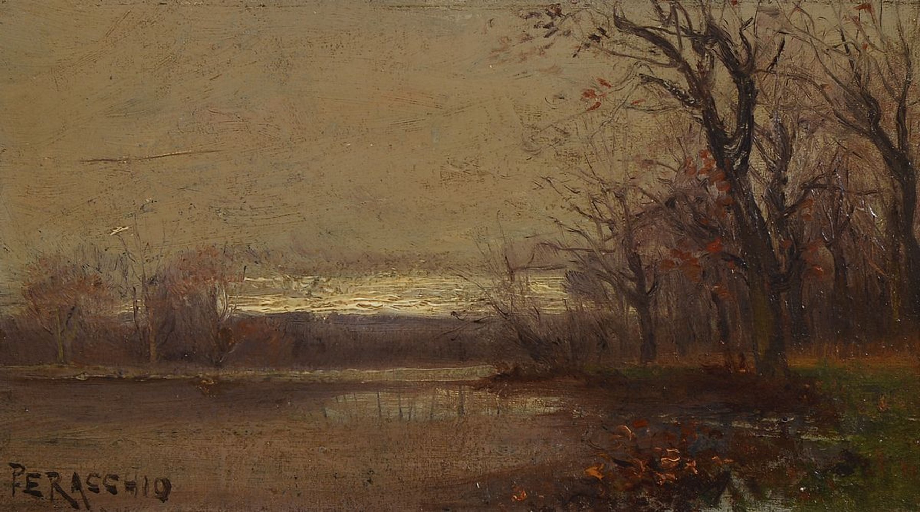 Peracchio, frz. Künstler des 19.Jh., spätherbstliche Stimmungslandschaft im Abendlicht, erdig-graue Farbpalette, belebt durch die vereinzelten ...