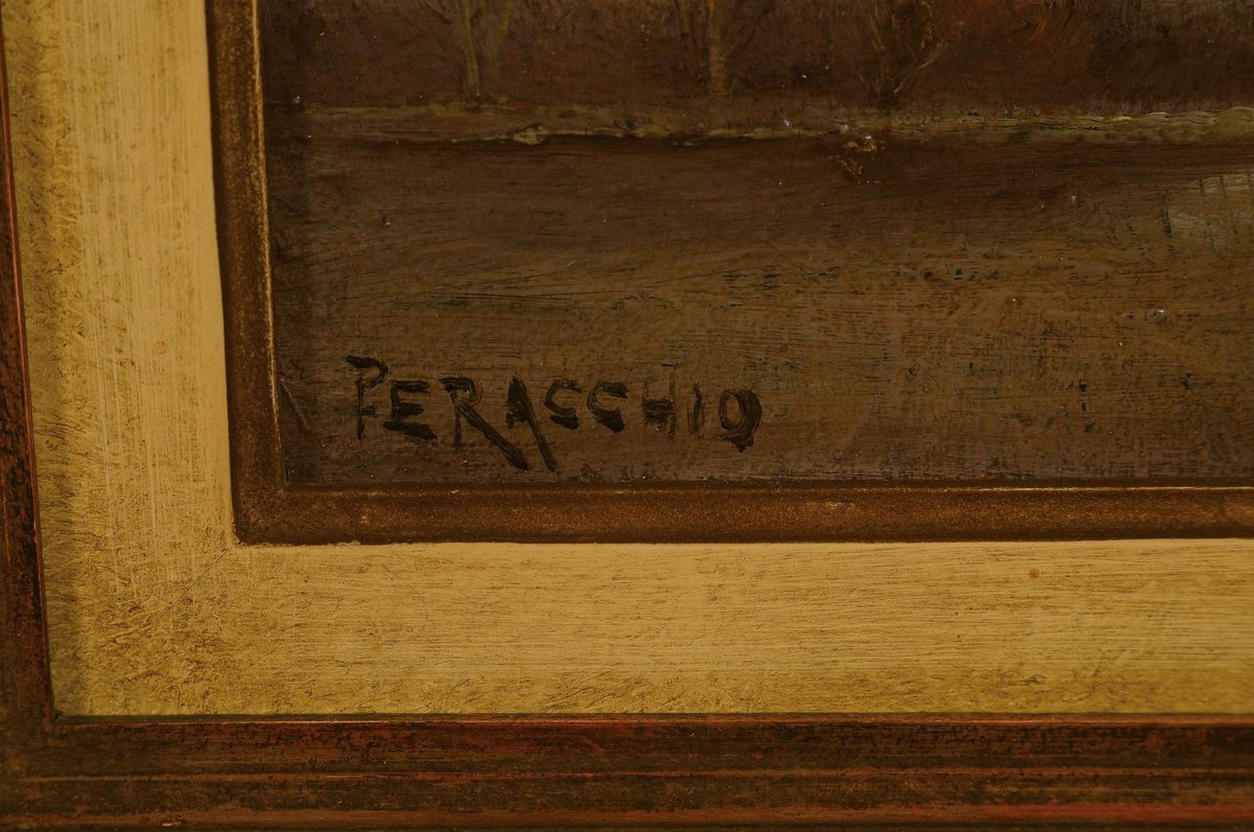 Detail a: Peracchio, frz. Künstler des 19.Jh., spätherbstliche Stimmungslandschaft im Abendlicht, erdig-graue Farbpalette, belebt durch die vereinzelten ...