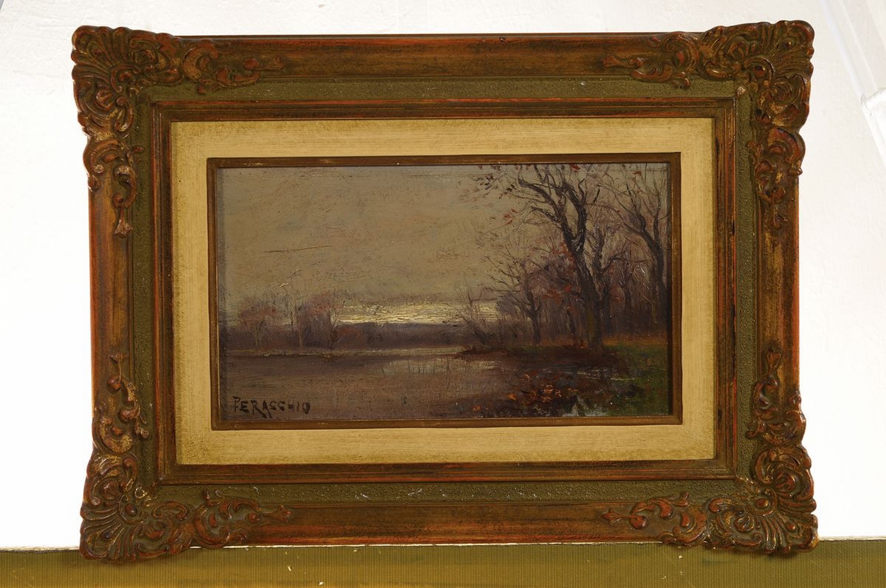 Detail k: Peracchio, frz. Künstler des 19.Jh., spätherbstliche Stimmungslandschaft im Abendlicht, erdig-graue Farbpalette, belebt durch die vereinzelten ...