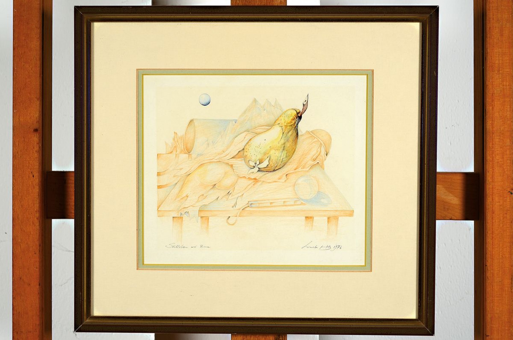 Detail k: Werner Holz, 1948 Grünstadt-1991 Ludwigshafen, Stillleben mit Birne, so links unten betitelt, erotische Darstellung, Bleistift und Aquarell auf ...
