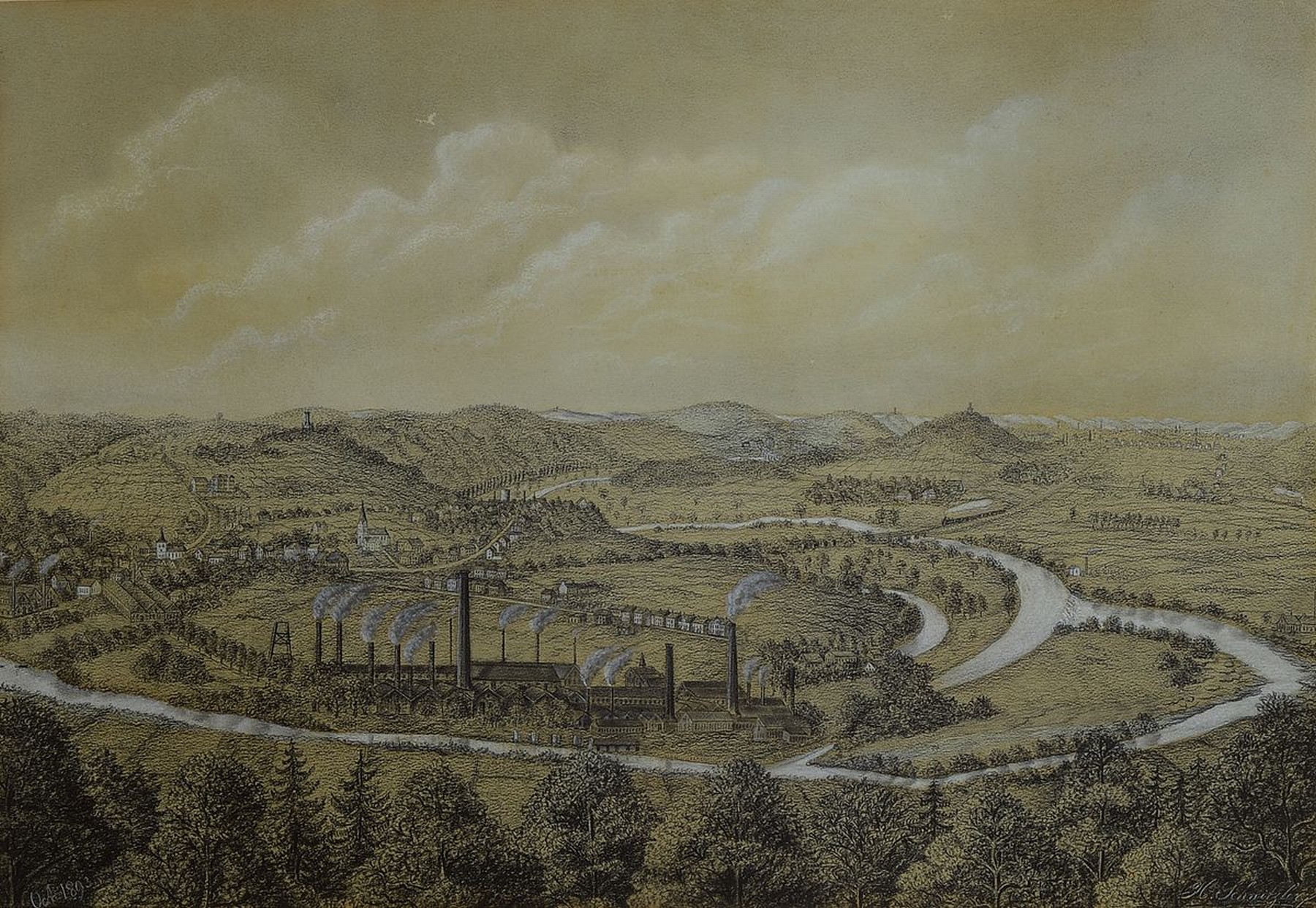 H. Schnitzler, dat. 1893, Darstellung wohl mitteldeutscher Landschaft, vordergründiges Hüttenwerk mit rauchenden Essen, weiter Blick in eine ...
