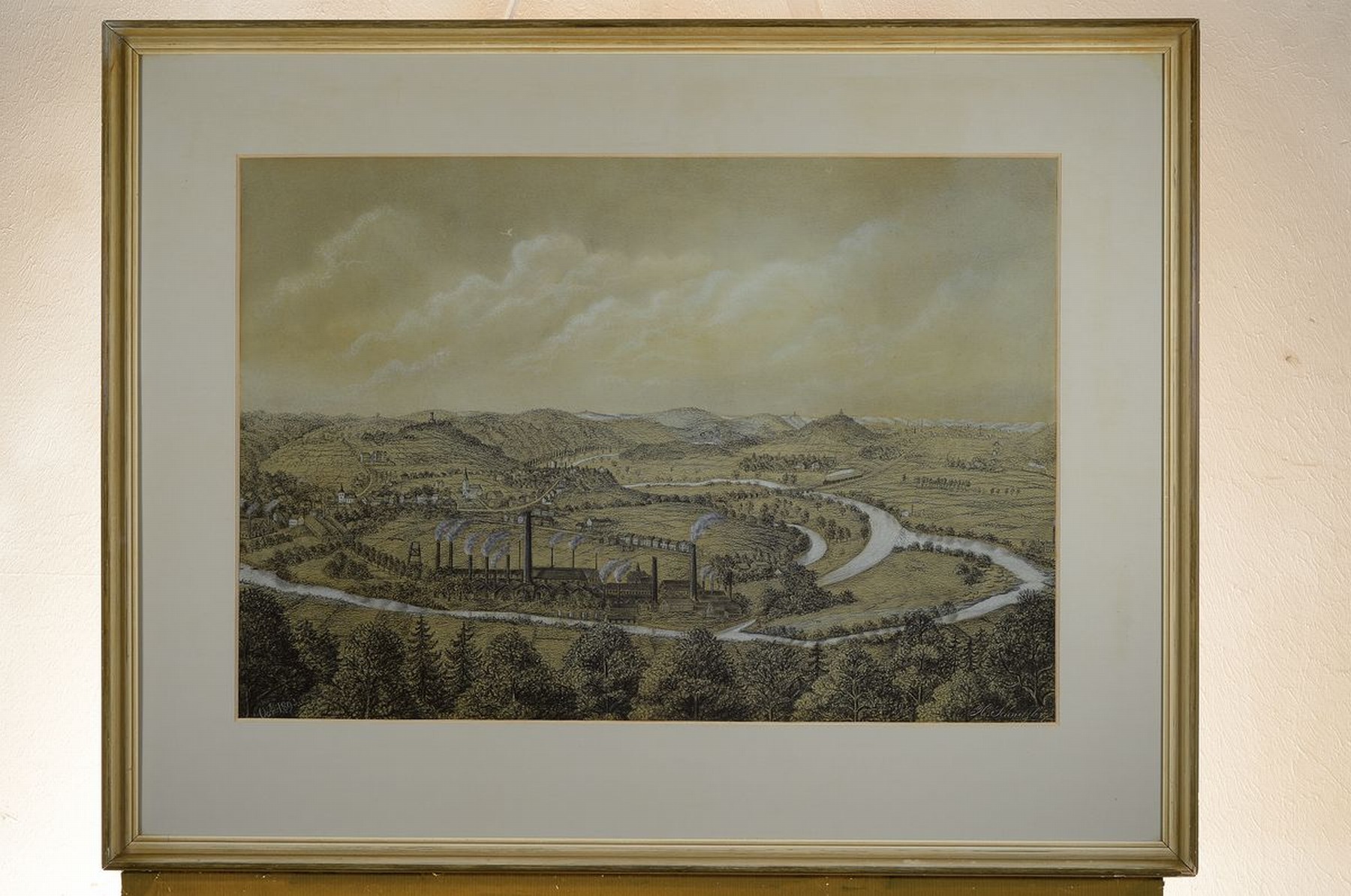 Detail k: H. Schnitzler, dat. 1893, Darstellung wohl mitteldeutscher Landschaft, vordergründiges Hüttenwerk mit rauchenden Essen, weiter Blick in eine ...