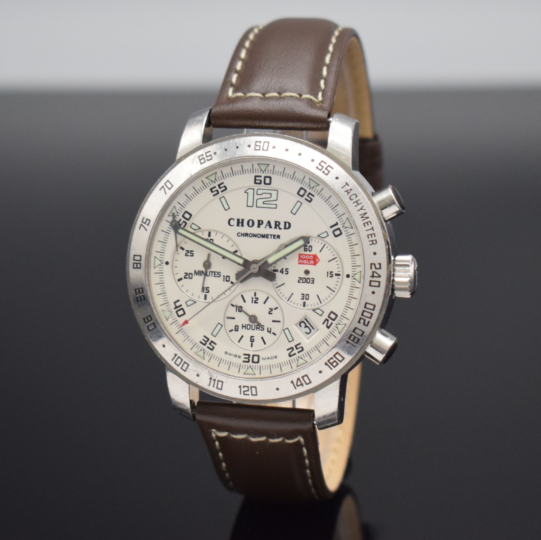 Detail b: CHOPARD Mille Miglia Herrenarmbanduhr mit Chronograph Referenz 8932 Brescia-Roma, Schweiz um 2003, Automatik, auf 2003 Stück lim. Sondermodell in ...