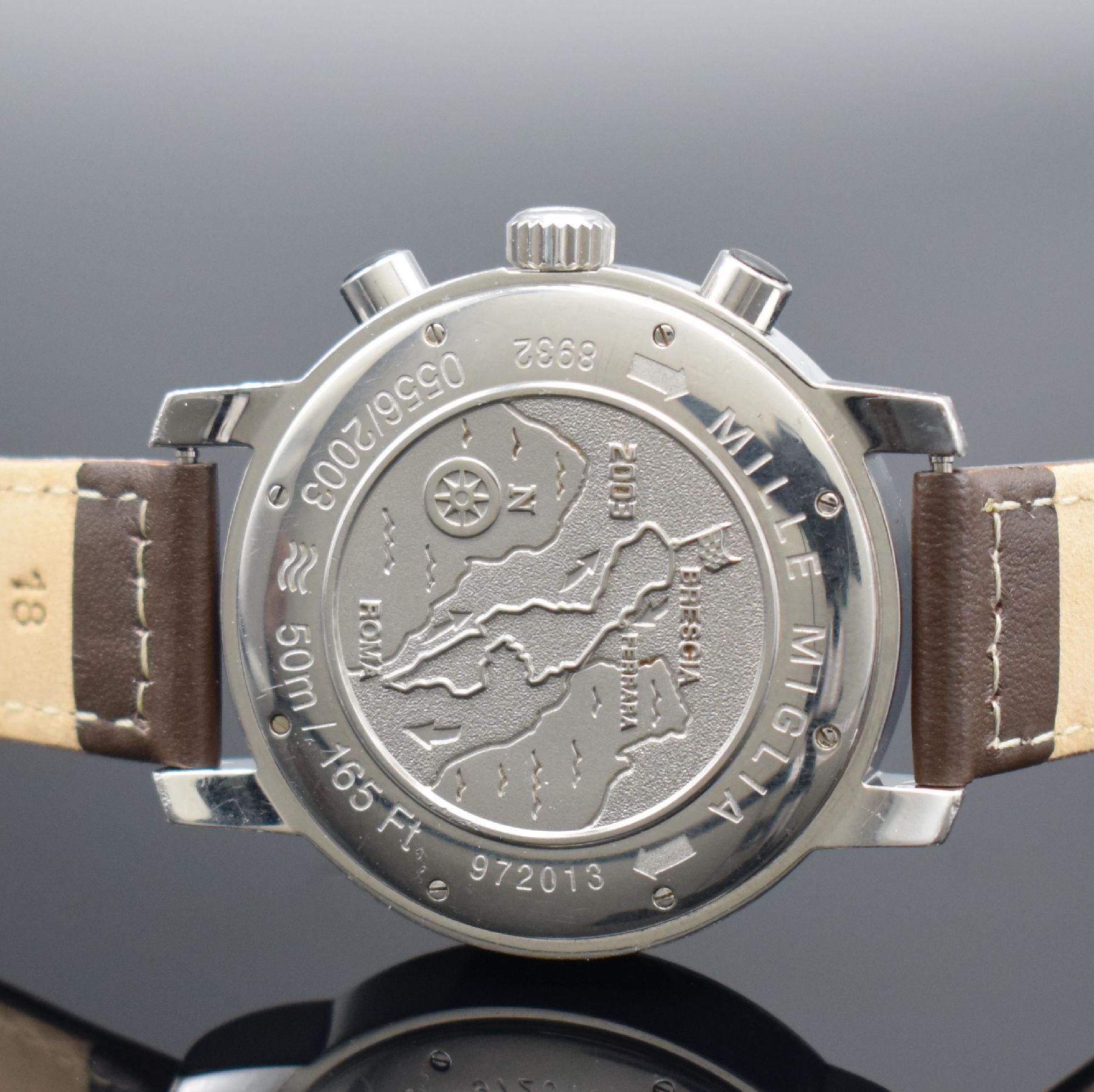 Detail e: CHOPARD Mille Miglia Herrenarmbanduhr mit Chronograph Referenz 8932 Brescia-Roma, Schweiz um 2003, Automatik, auf 2003 Stück lim. Sondermodell in ...