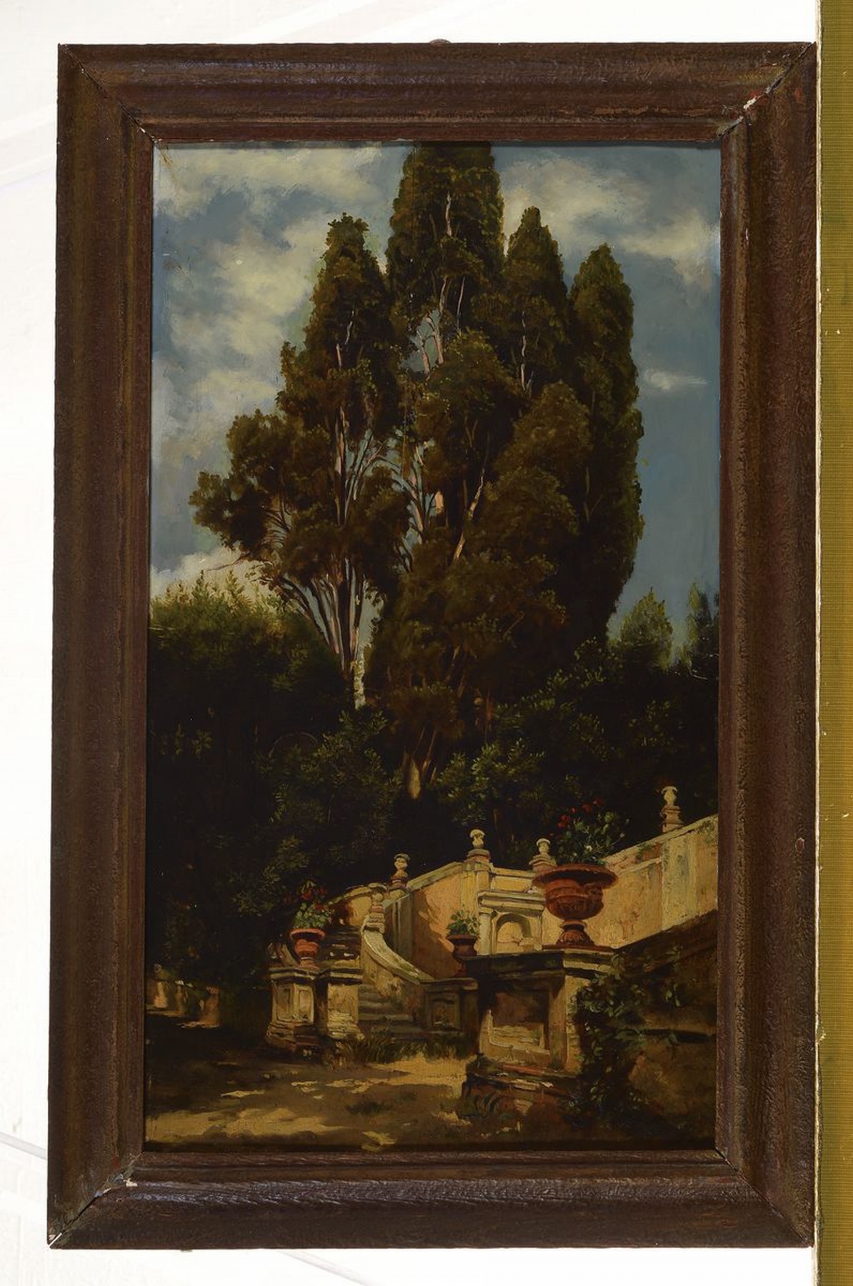 Detail k: Unbekannter Künstler des fortgeschrittenen 19 .Jh., Arnold Böcklin-Nachfolger, Parklandschaft mit Vedute einer repräsentativen zweiläufig ...