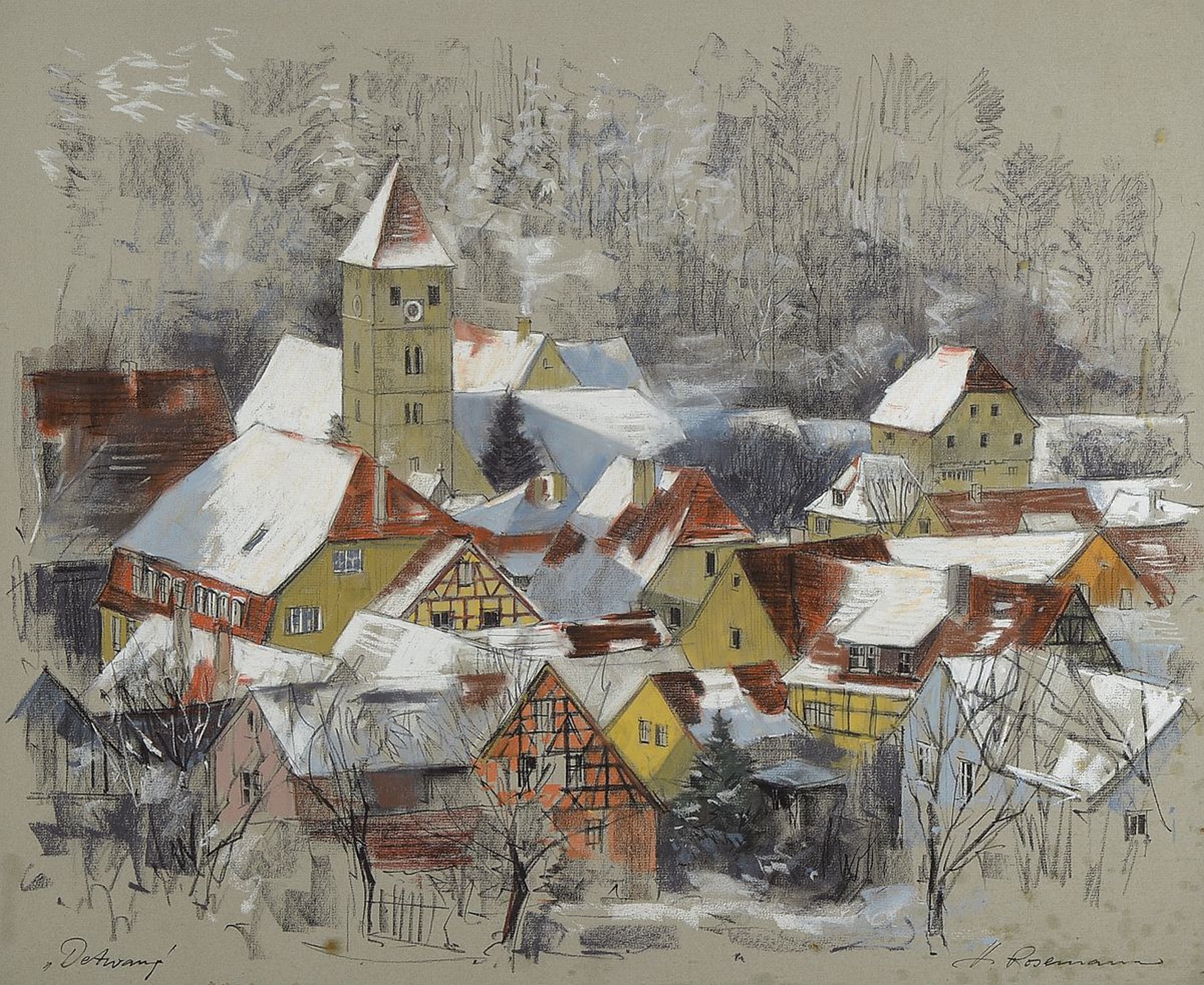 Horst Rosemann, 1927 Freiburg (Schlesien), studierte in Breslau bei Helm und Hölscher, winterliche Ansicht von Detwang, Pastell, signiert und ...