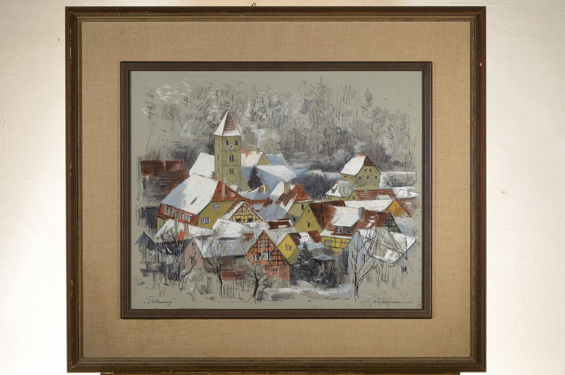 Detail k: Horst Rosemann, 1927 Freiburg (Schlesien), studierte in Breslau bei Helm und Hölscher, winterliche Ansicht von Detwang, Pastell, signiert und ...