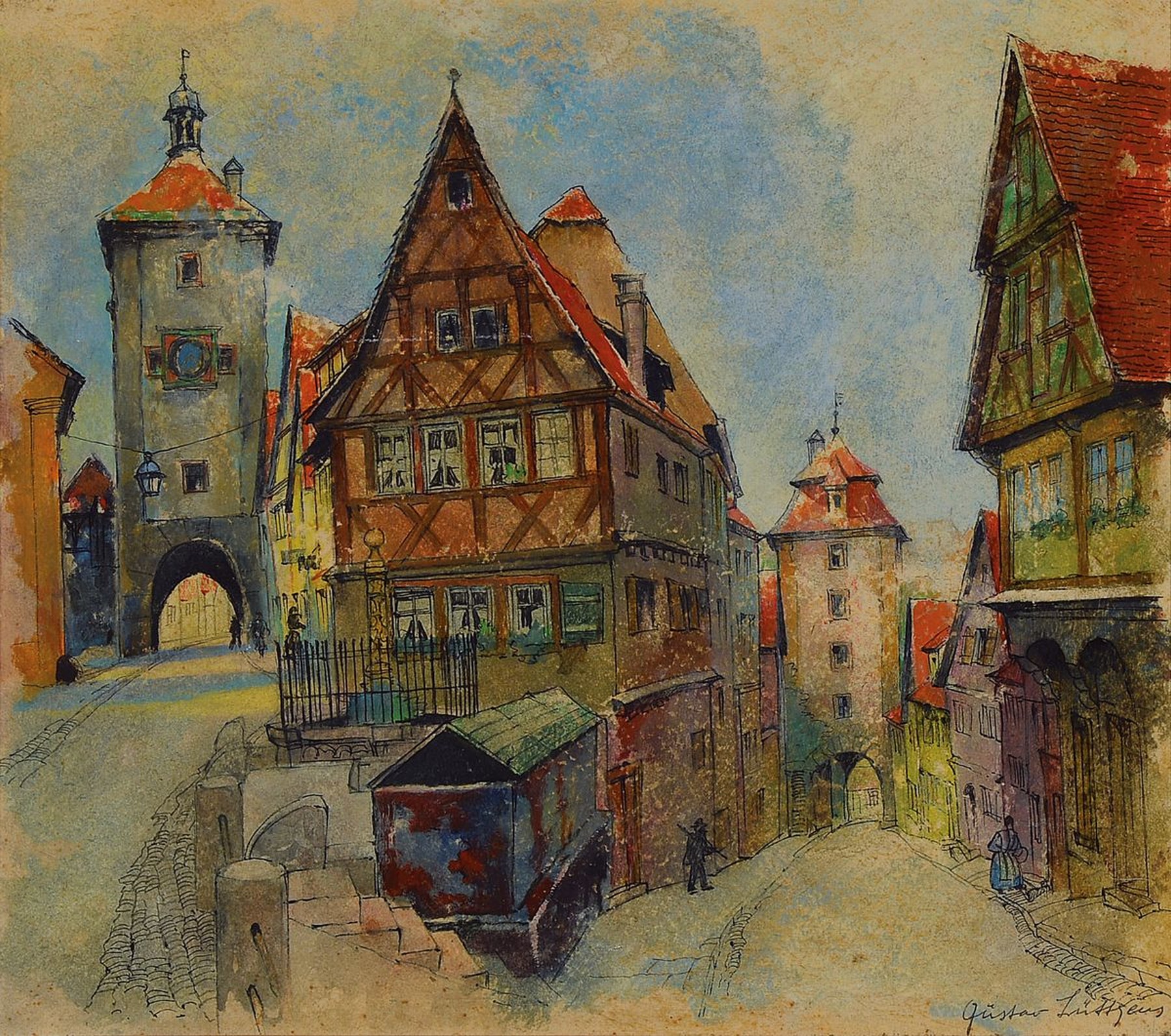 Gustav Lüttgens, geb. 1898, Rothenburger Maler, zwei Ansichten von Rothenburg: ein Ölgemälde, "Im Burggarten", auf handbemaltem Plakat ...